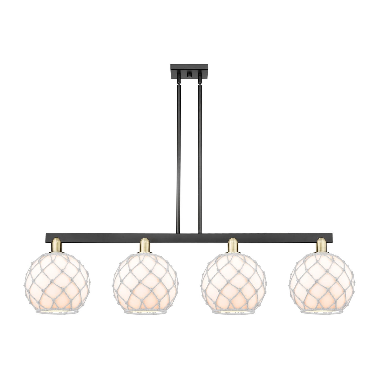 Innovations Farmhouse Rope 53in 4-Light Island Light | Industrial Black Antique Brass Steel and White Glass with Rope Shade | Model 716-4I-BAB-G121-10RW