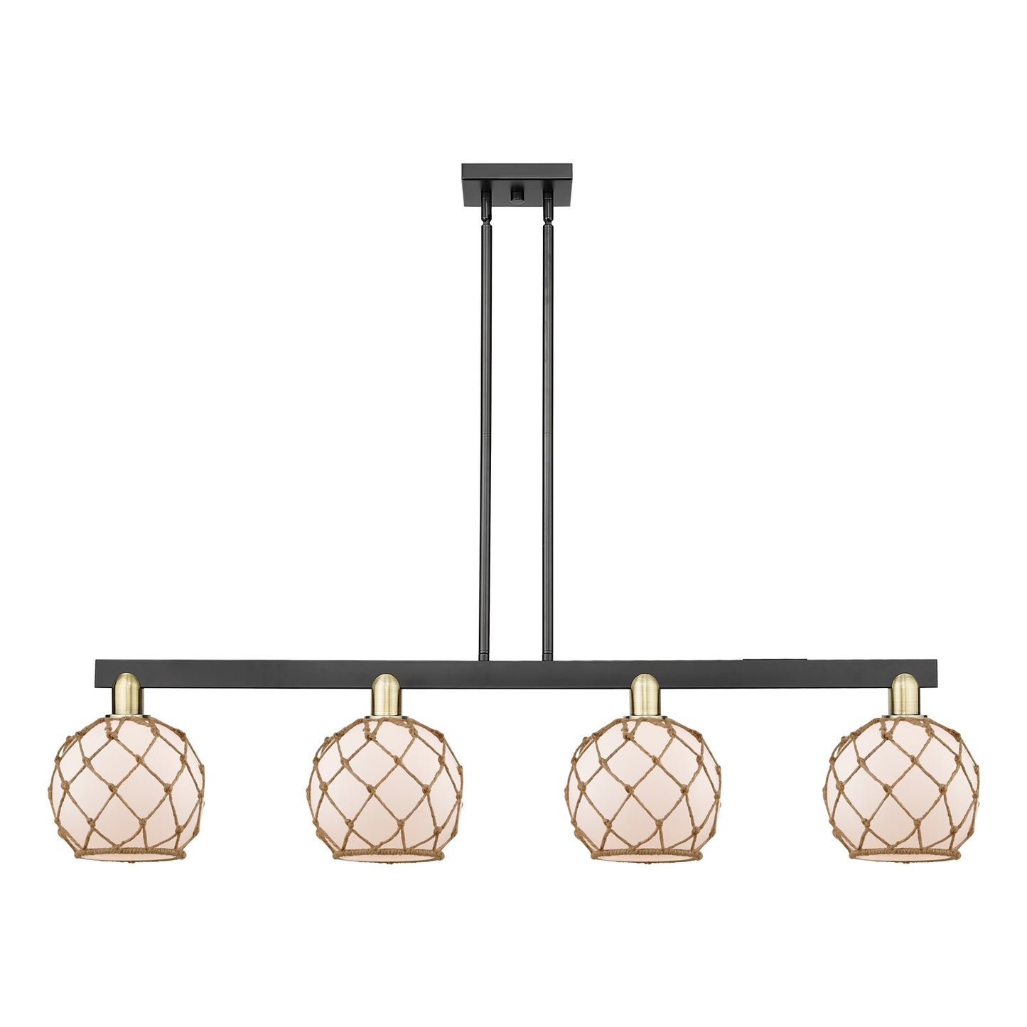 Innovations Farmhouse Rope 51in 4-Light Island Light | Industrial Black Antique Brass and White Frosted Glass with Brown Rope | Model 716-4I-BAB-G121-8RB