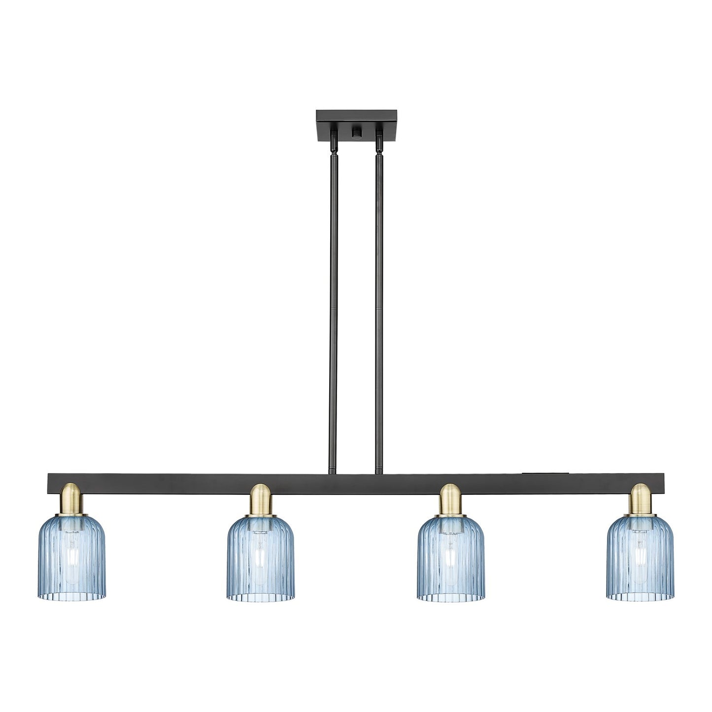 Innovations Bridal Veil 48in 4-Light Island Light | Industrial Black Antique Brass and Princess Blue Ribbed Glass | Kitchen | Model 716-4I-BAB-G559-5BL