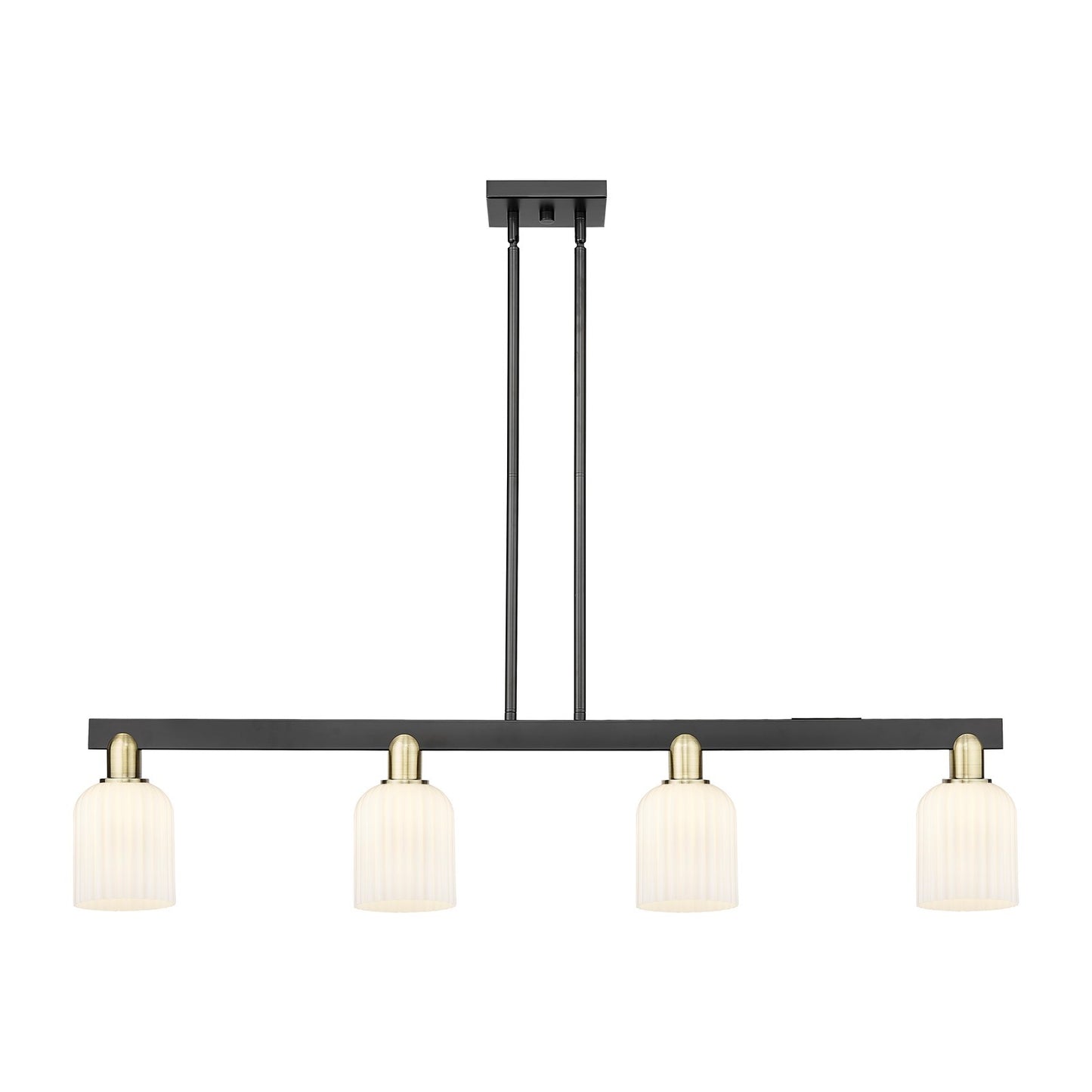 Innovations Bridal Veil 48in 4-Light Island Light | Industrial Black Antique Brass and Gloss White Ribbed Glass | Kitchen | Model 716-4I-BAB-G559-5GWH
