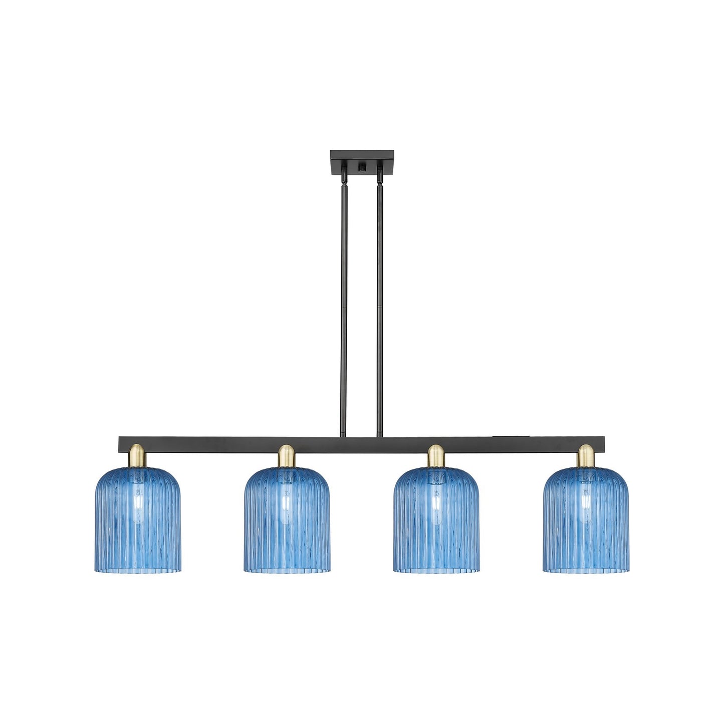 Innovations Bridal Veil 51in 4-Light Island Light | Industrial Black Antique Brass and Princess Blue Glass | Kitchen Island | Model 716-4I-BAB-G559-8BL