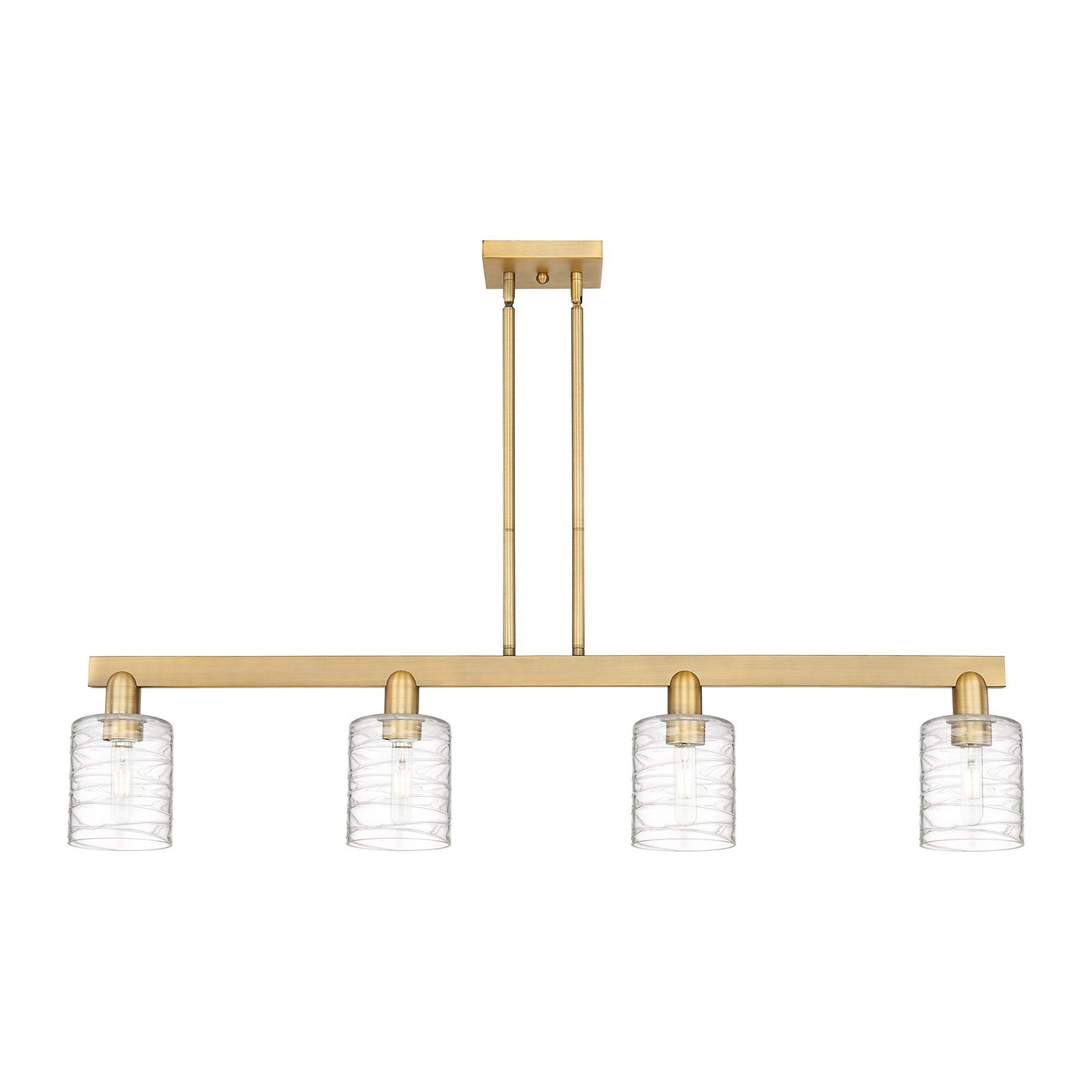 Innovations Cobbleskill 48in 4-Light Island Light | Industrial Brushed Brass and Deco Swirl Clear Glass | Kitchen Island & Dining | Model 716-4I-BB-G1113