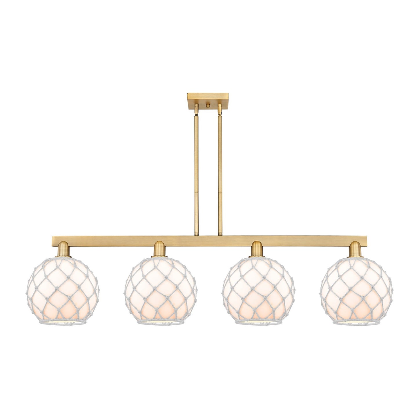 Innovations Farmhouse Rope 53in 4-Light Island Light | Industrial Brushed Brass Steel and White Glass with Rope | Kitchen | Model 716-4I-BB-G121-10RW