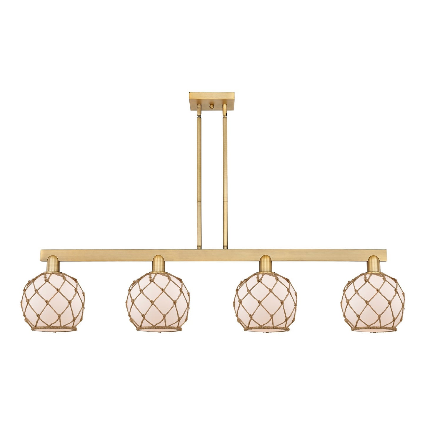 Innovations Farmhouse Rope 51in 4-Light Island Light | Industrial Brushed Brass Steel and White Frosted Glass with Brown Rope | Model 716-4I-BB-G121-8RB