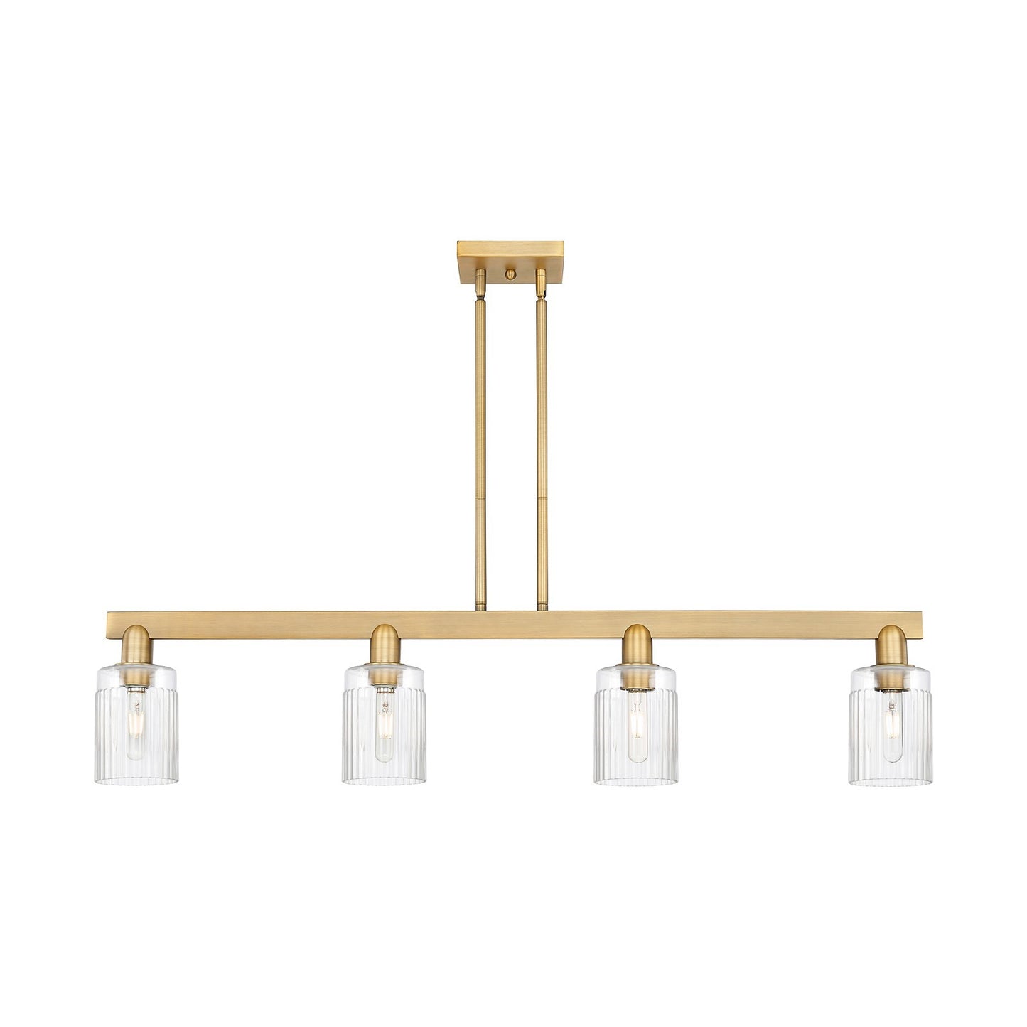 Innovations Hadley 47in 4-Light Island Light | Industrial Brushed Brass Steel and Clear Ribbed Glass | Kitchen Island & Dining Room | Model 716-4I-BB-G342