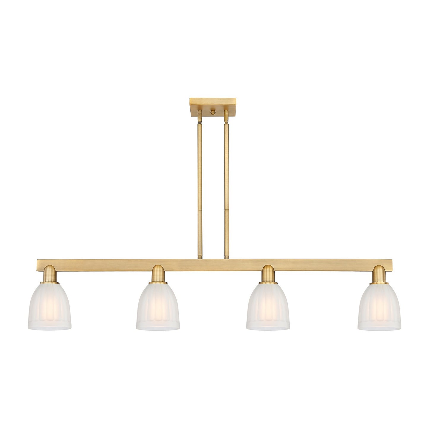Innovations Brookfield 49in 4-Light Island Light | Industrial Brushed Brass Steel and White Frosted Ribbed Glass | Kitchen Island & | Model 716-4I-BB-G441
