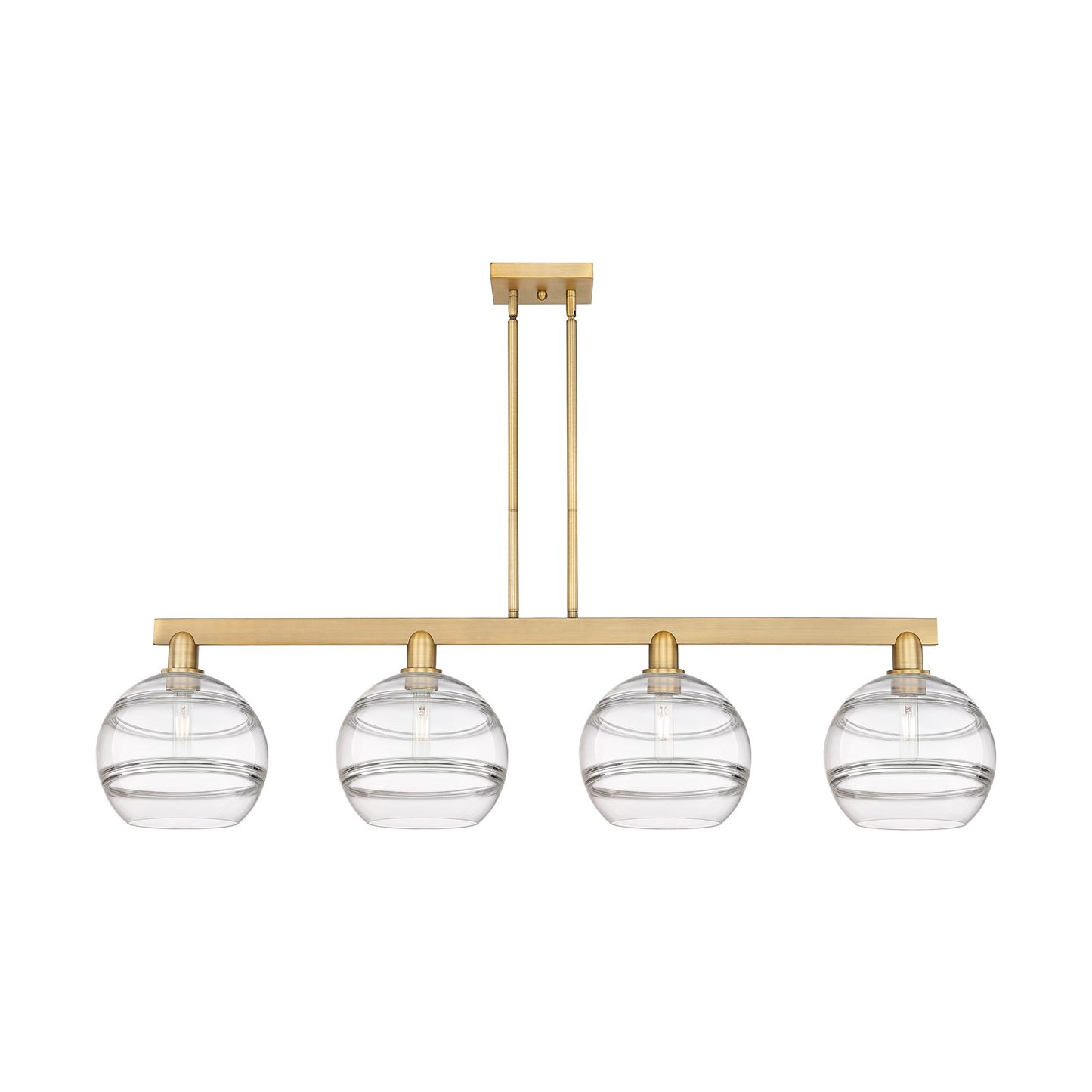 Innovations Rochester 53in 4-Light Island Light | Industrial Brushed Brass Steel and Clear Glass | Kitchen Island & Dining | Model 716-4I-BB-G556-10CL