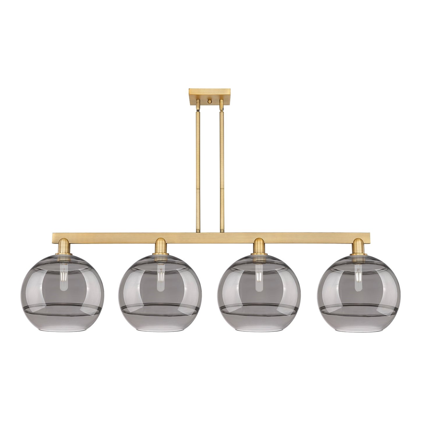 Innovations Rochester 55in 4-Light Island Light | Industrial Brushed Brass Steel and Light Smoke Glass | Kitchen Island & | Model 716-4I-BB-G556-12SM