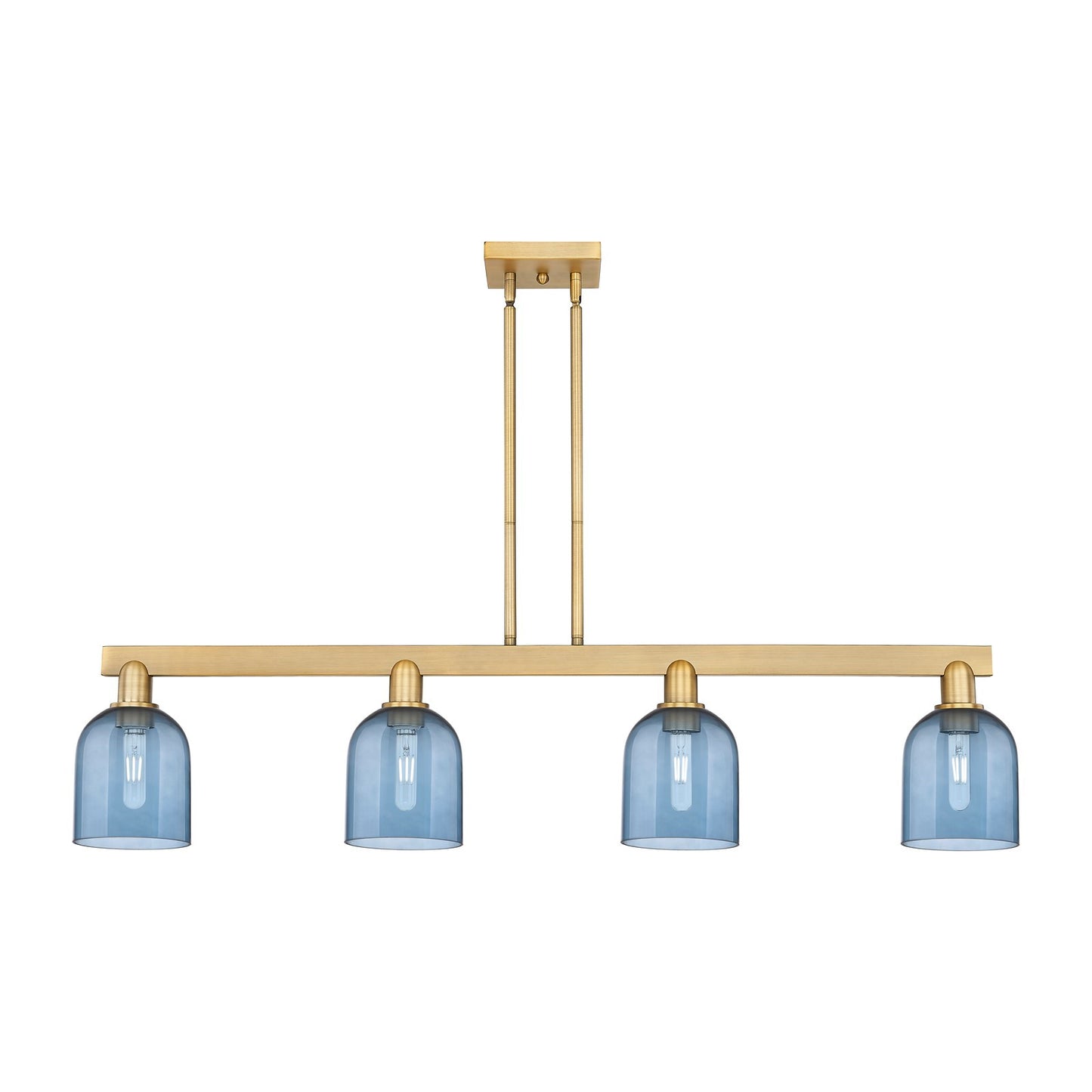 Innovations Bella 48in 4-Light Island Light | Industrial Brushed Brass Steel and Blue Glass | Kitchen Island & Dining Room | Model 716-4I-BB-G558-6BL