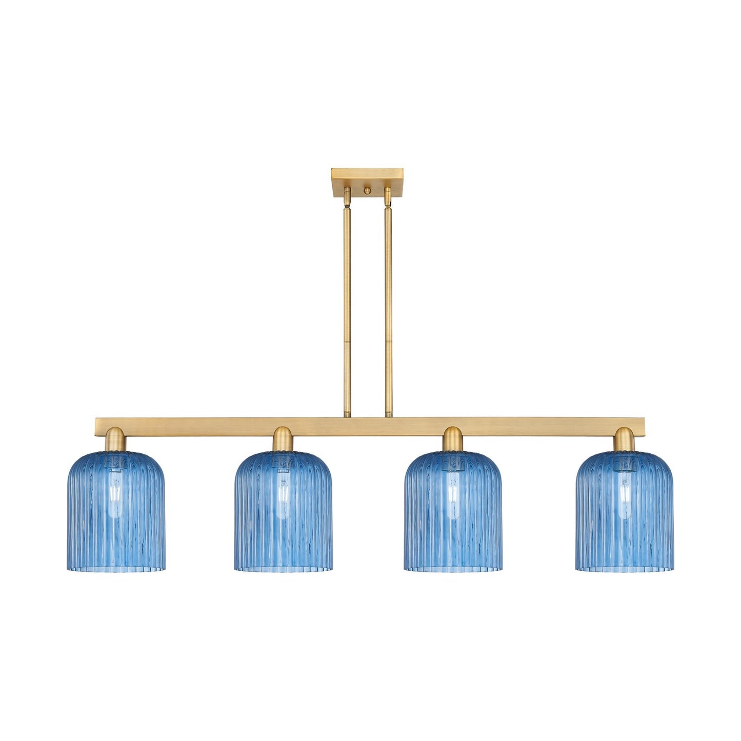 Innovations Bridal Veil 51in 4-Light Island Light | Industrial Brushed Brass and Princess Blue Ribbed Glass | Kitchen Island & | Model 716-4I-BB-G559-8BL