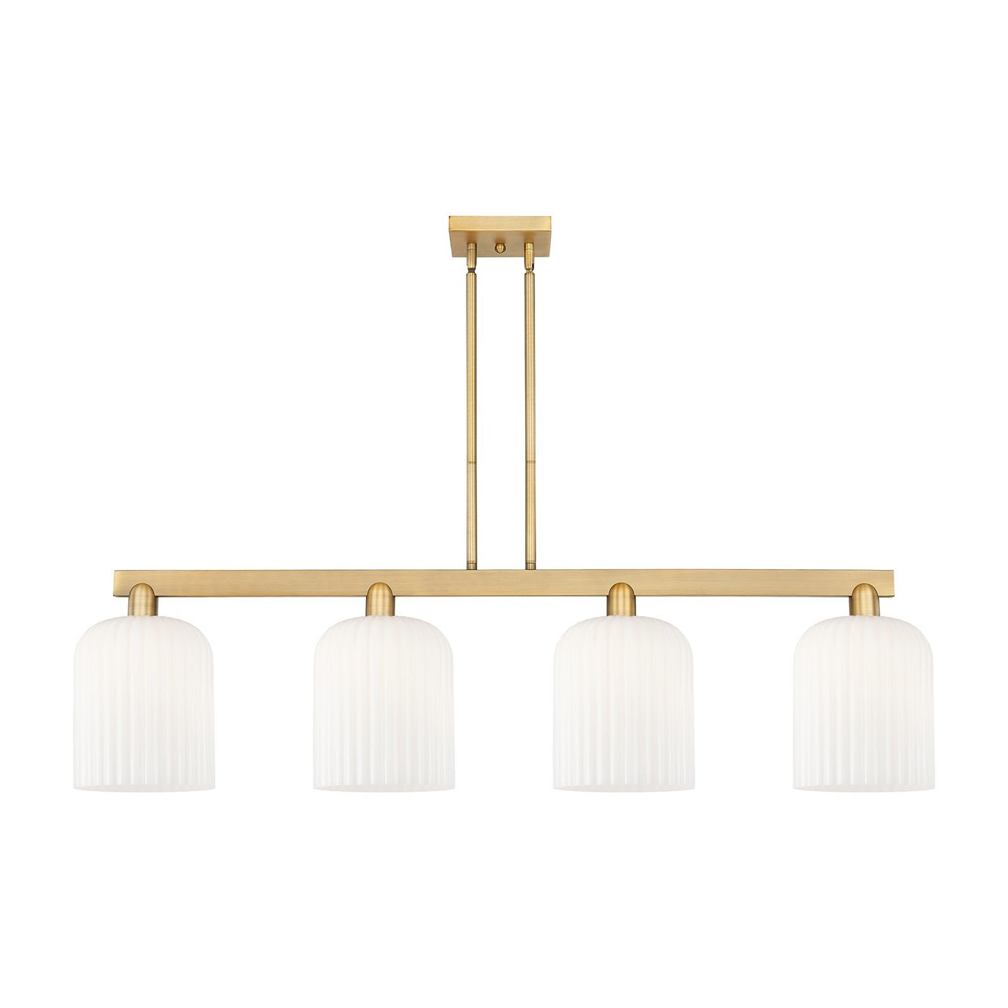 Innovations Bridal Veil 51in 4-Light Island Light | Industrial Brushed Brass and Gloss White Ribbed Glass | Kitchen Island & | Model 716-4I-BB-G559-8GWH
