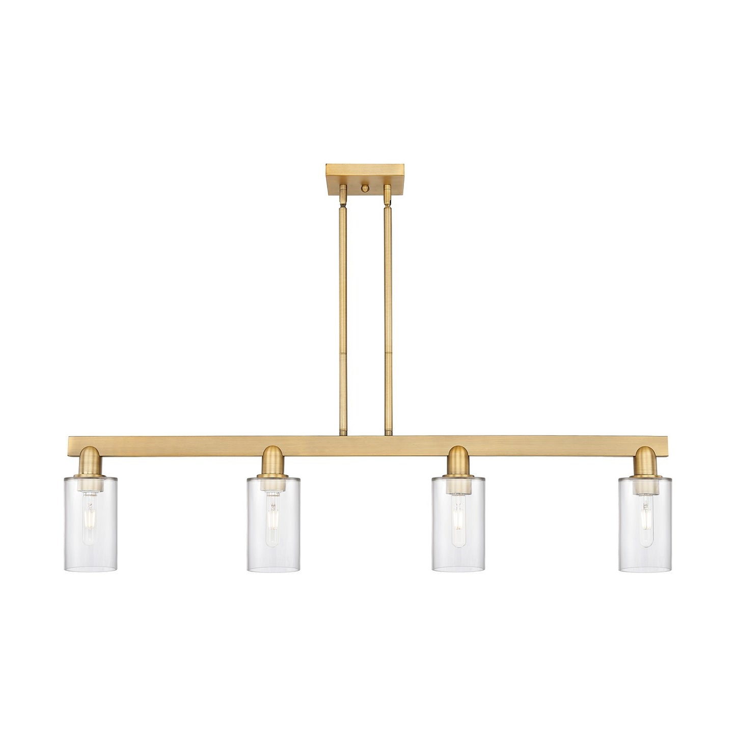 Innovations Clymer 47in 4-Light Island Light | Industrial Brushed Brass Steel and Clear Glass | Kitchen Island & Dining Room | Model 716-4I-BB-G802