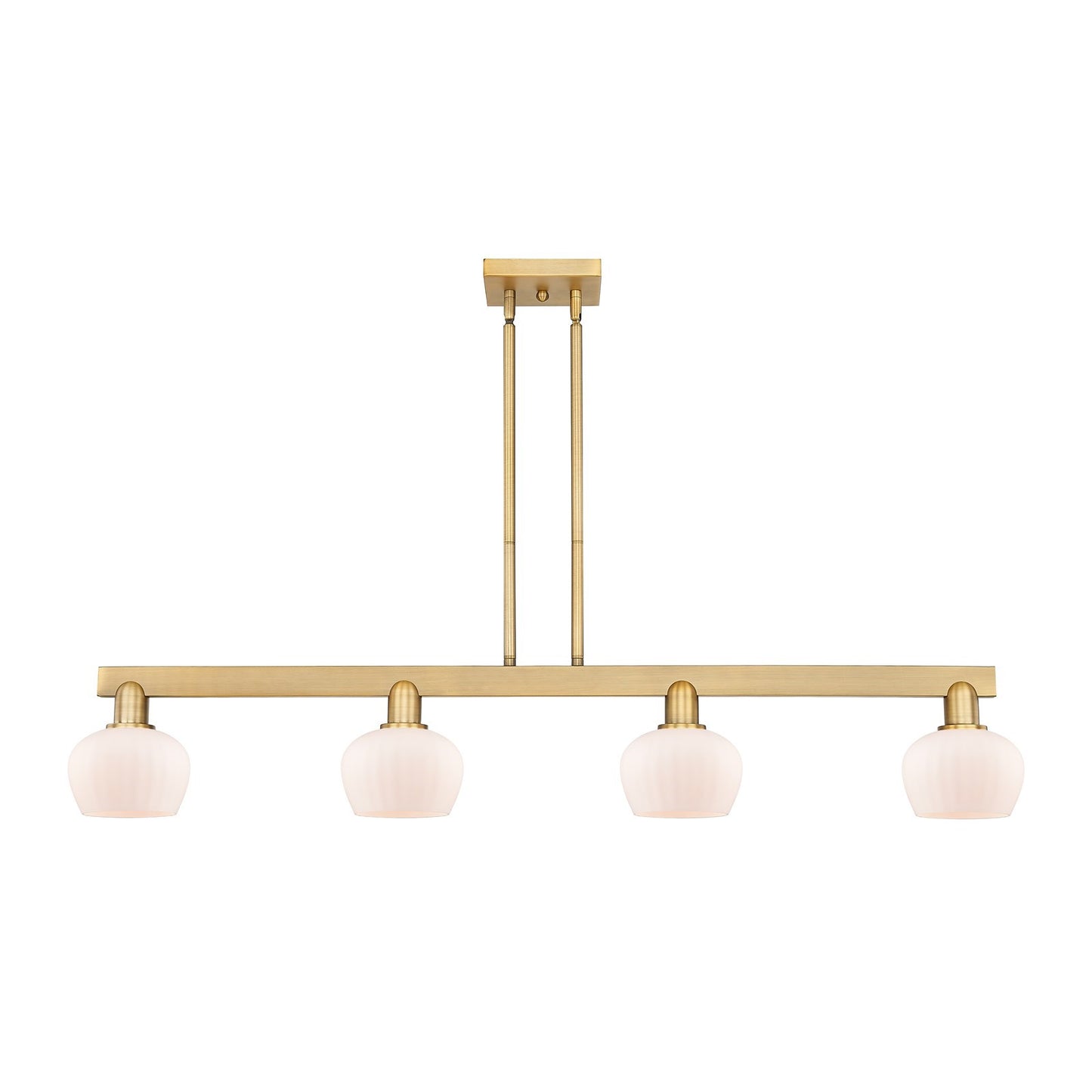 Innovations Fenton 49in 4-Light Island Light | Industrial Brushed Brass Steel and Matte White Ribbed Glass | Kitchen Island & Dining | Model 716-4I-BB-G91