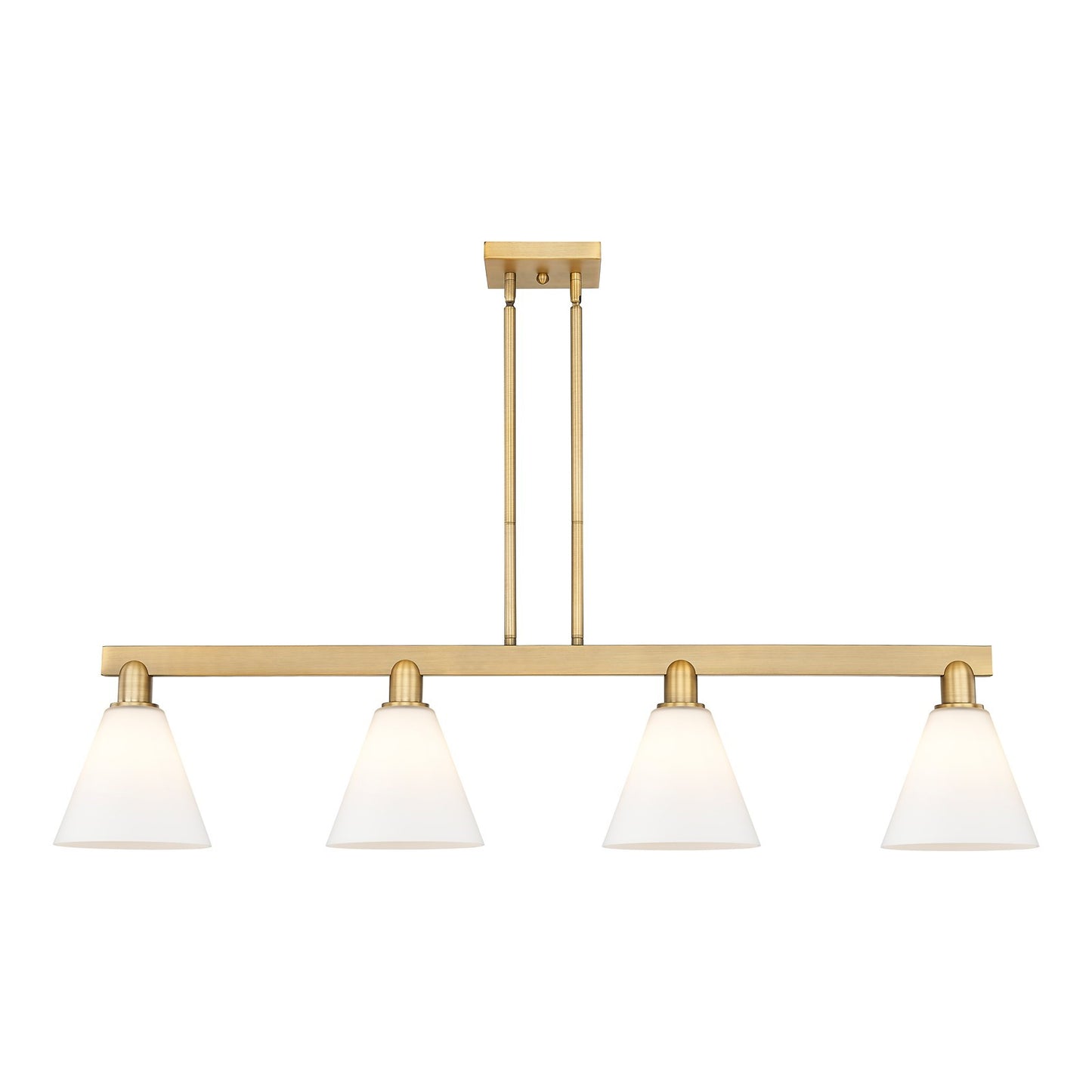 Innovations Berkshire Glass 51in 4-Light Island Light | Industrial Brushed Brass Steel and Matte White Glass | Kitchen Island & | Model 716-4I-BB-GBC-81