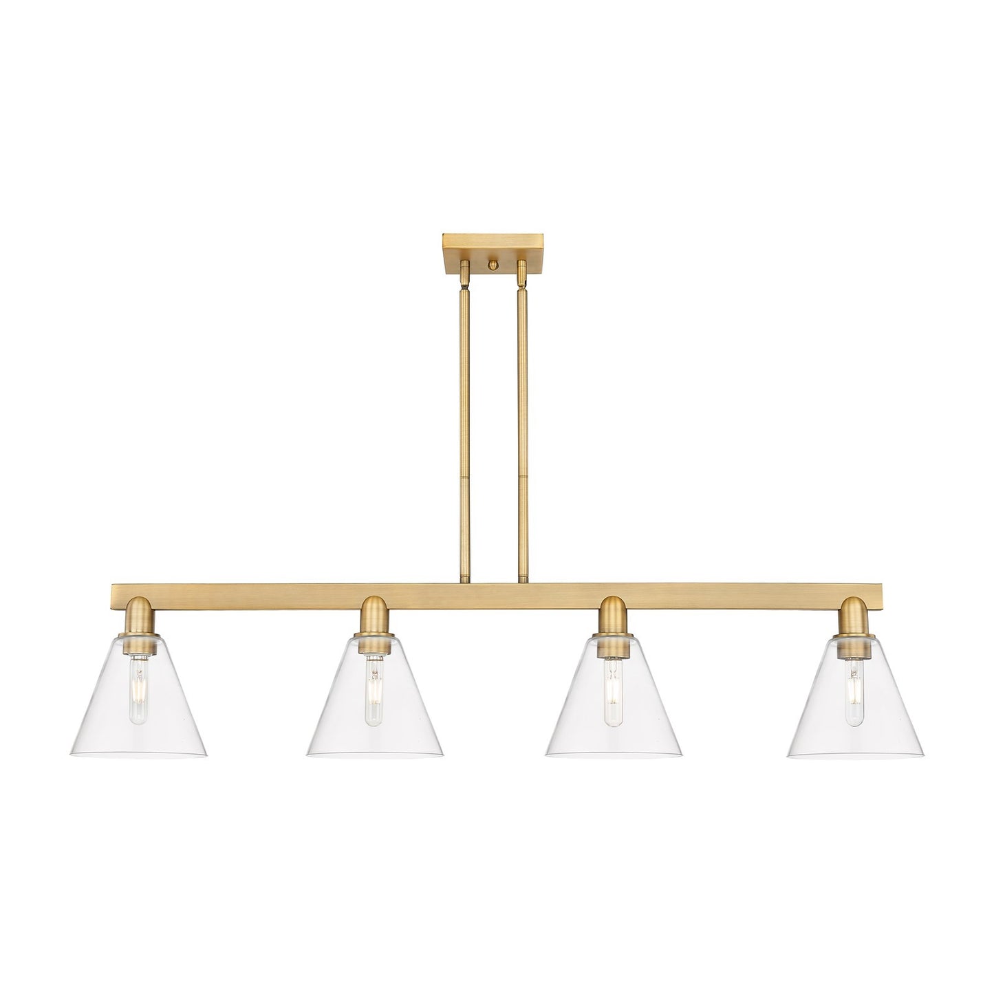 Innovations Berkshire Glass 51in 4-Light Island Light | Industrial Brushed Brass Steel and Clear Glass | Kitchen Island & Dining | Model 716-4I-BB-GBC-82