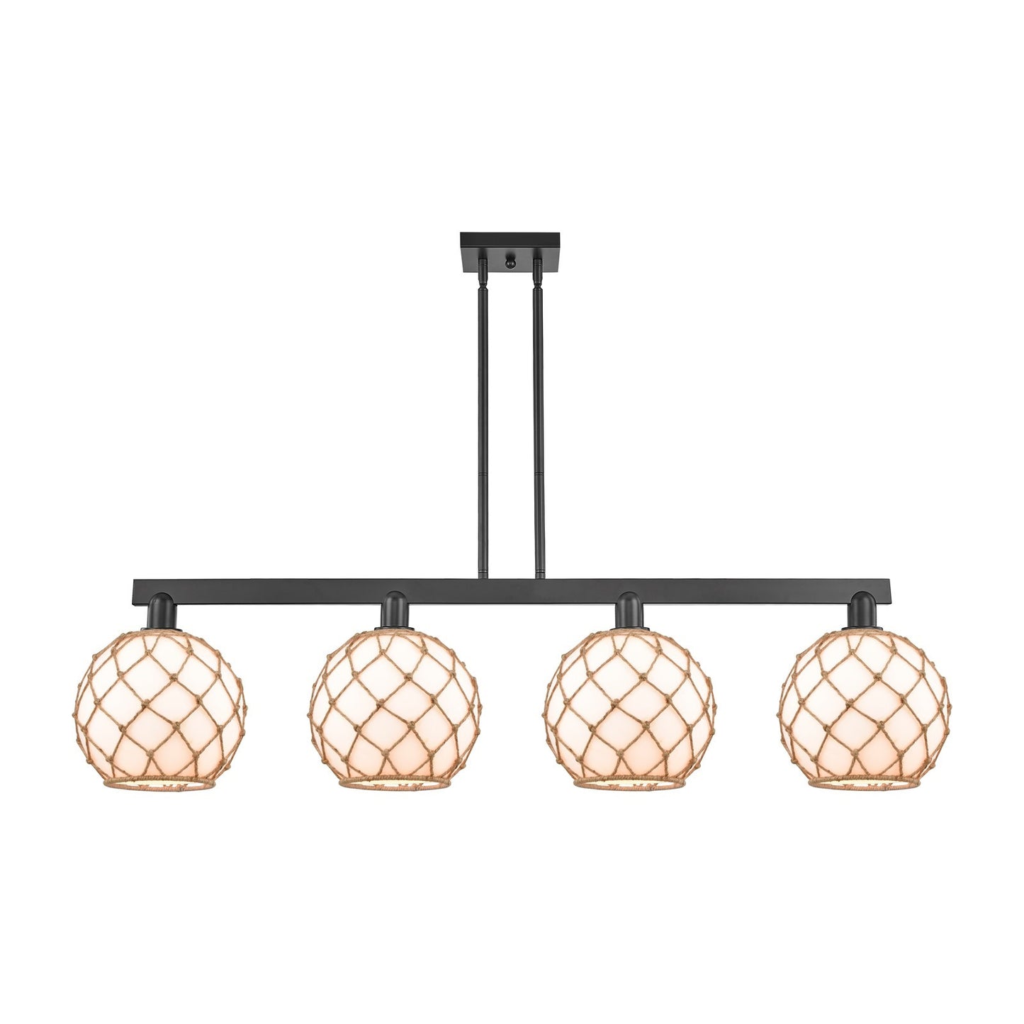 Innovations Farmhouse Rope 53in 4-Light Island Light | Industrial Matte Black Steel and Matte White Glass with Rope | Kitchen | Model 716-4I-BK-G121-10RB