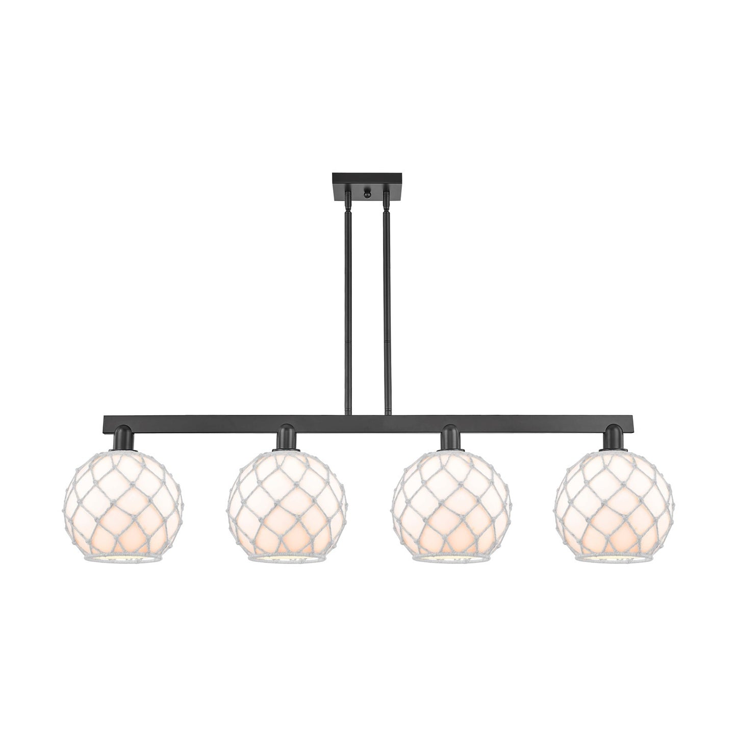 Innovations Farmhouse Rope 53in 4-Light Island Light | Industrial Matte Black Steel and White Glass with Rope Shade | Kitchen | Model 716-4I-BK-G121-10RW