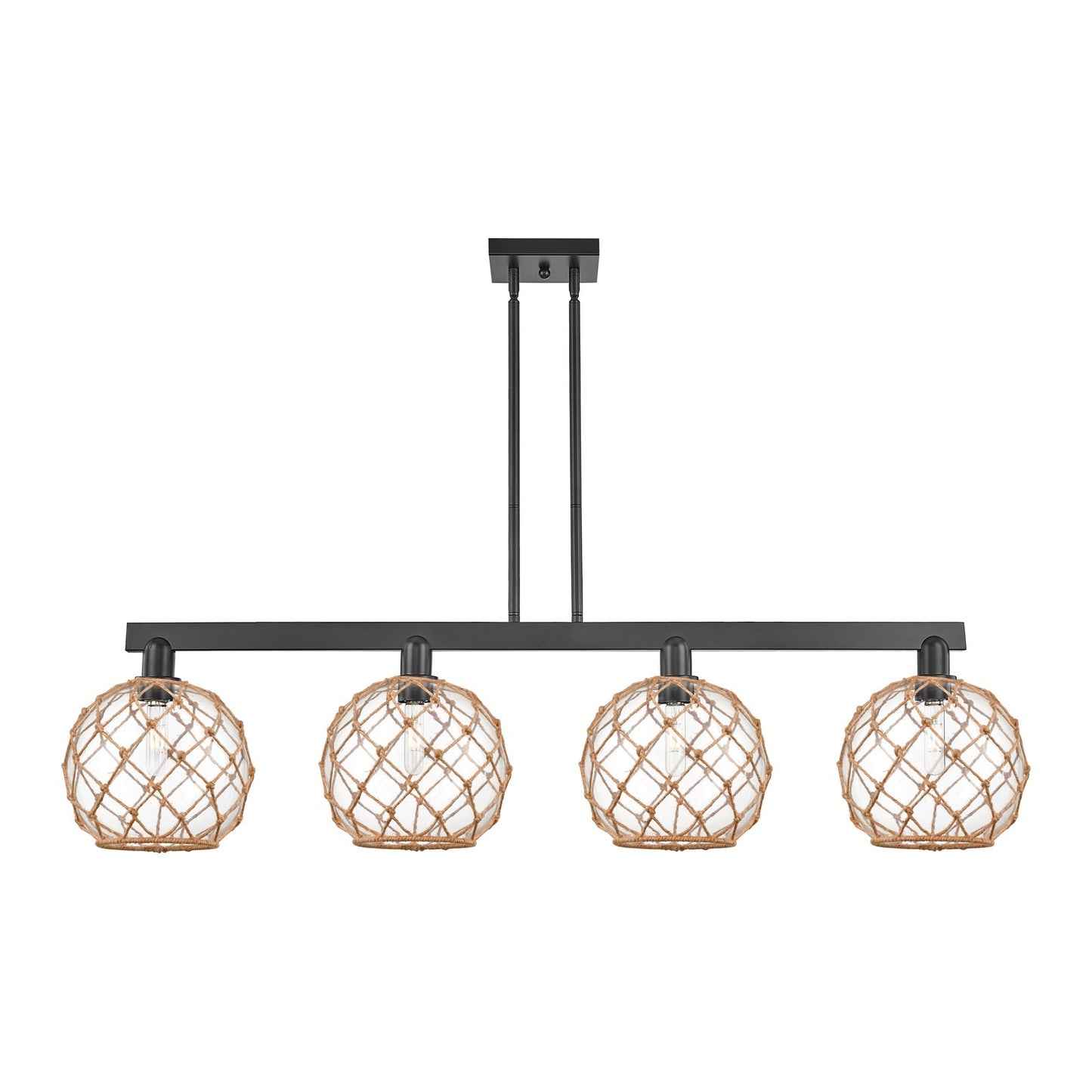 Innovations Farmhouse Rope 53in 4-Light Island Light | Industrial Matte Black Steel and Clear Glass with Brown Rope | Kitchen | Model 716-4I-BK-G122-10RB