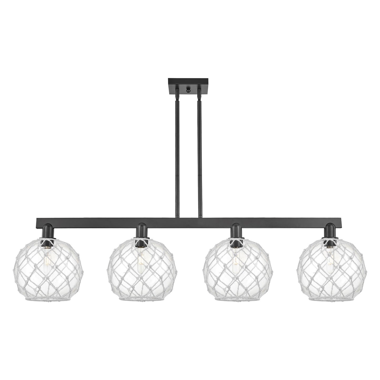 Innovations Farmhouse Rope 53in 4-Light Island Light | Industrial Matte Black Steel and Clear Glass with White Rope Shade | Model 716-4I-BK-G122-10RW