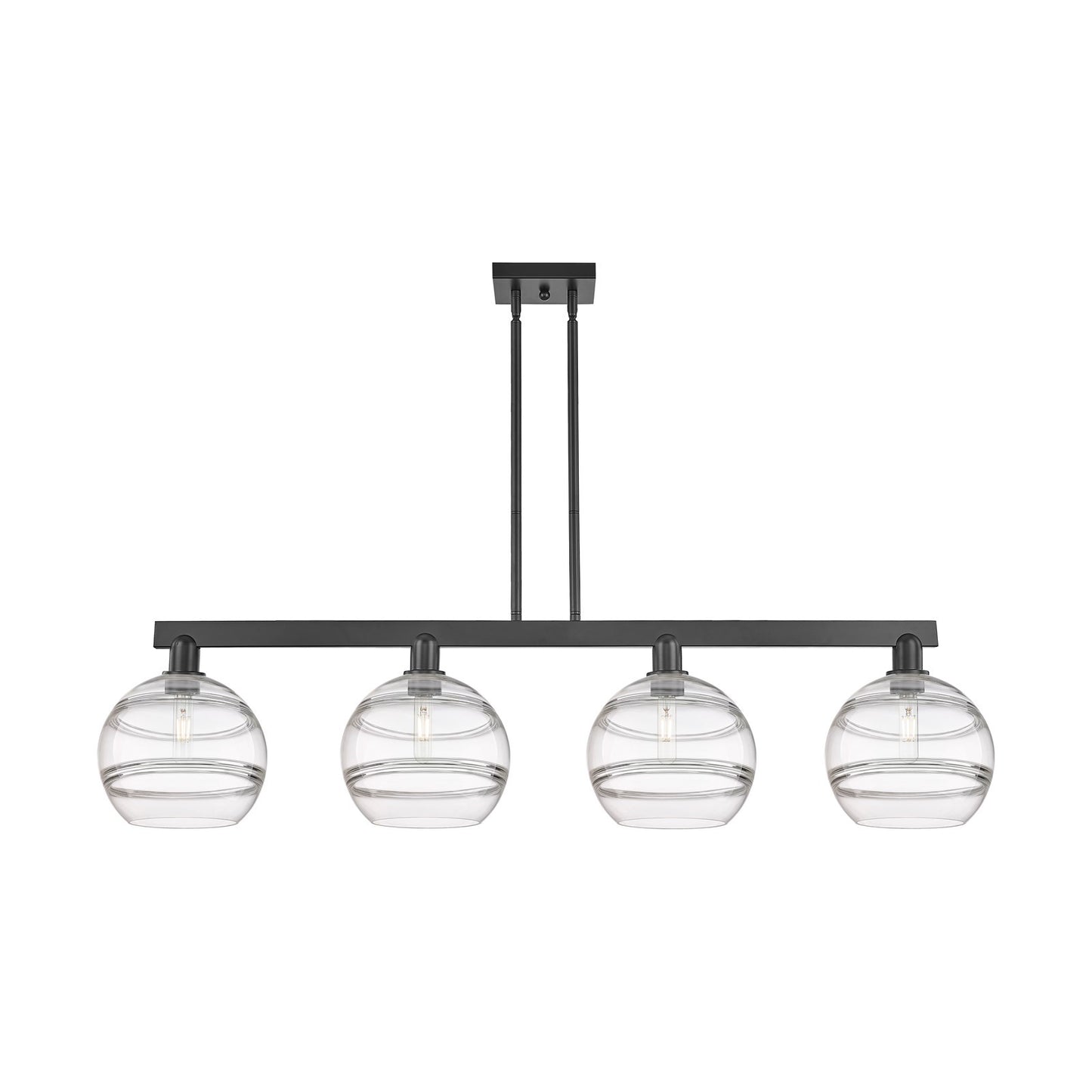 Innovations Rochester 53in 4-Light Island Light | Industrial Matte Black Steel and Clear Glass | Kitchen Island | Model 716-4I-BK-G556-10CL