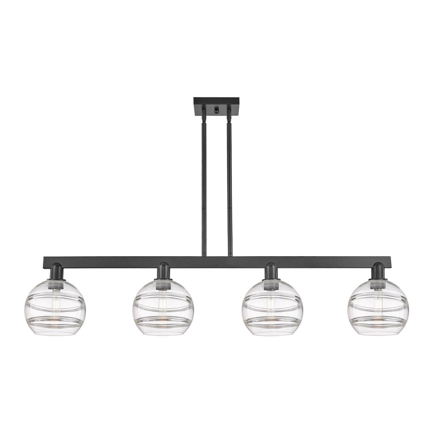 Innovations Rochester 51in 4-Light Island Light | Industrial Matte Black Steel and Clear Glass | Kitchen Island & Dining Room | Model 716-4I-BK-G556-8CL