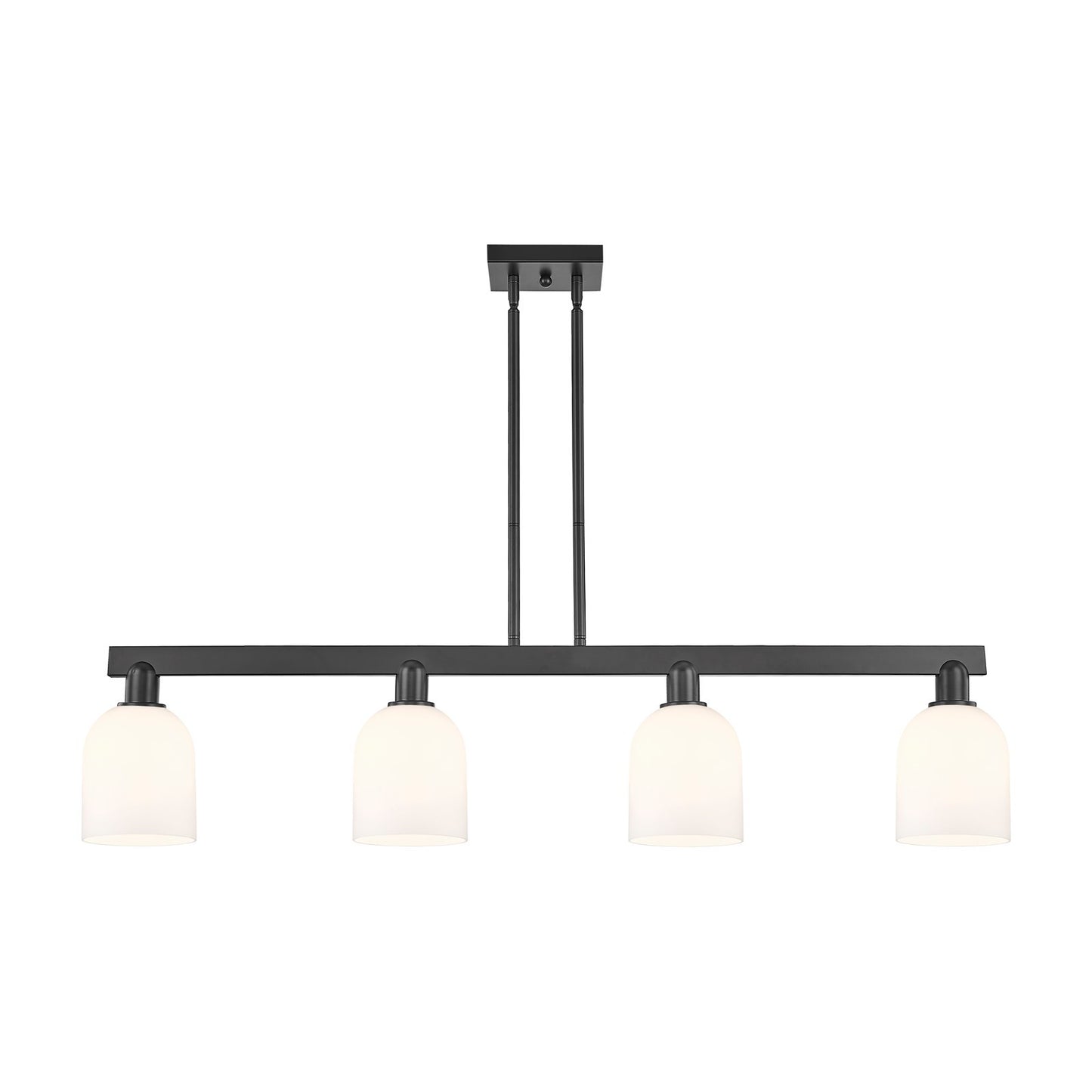 Innovations Bella 48in 4-Light Island Light | Industrial Matte Black Steel and White Glass | Kitchen Island & Dining Room | Model 716-4I-BK-G558-6GWH