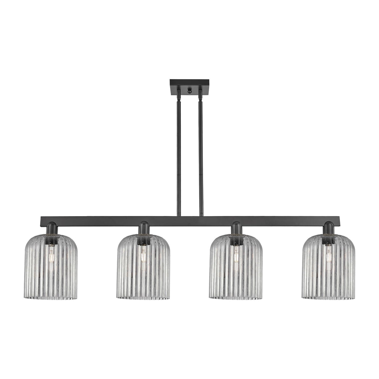Innovations Bridal Veil 51in 4-Light Island Light | Industrial Matte Black Steel and Light Smoke Ribbed Glass | Kitchen Island | Model 716-4I-BK-G559-8SM