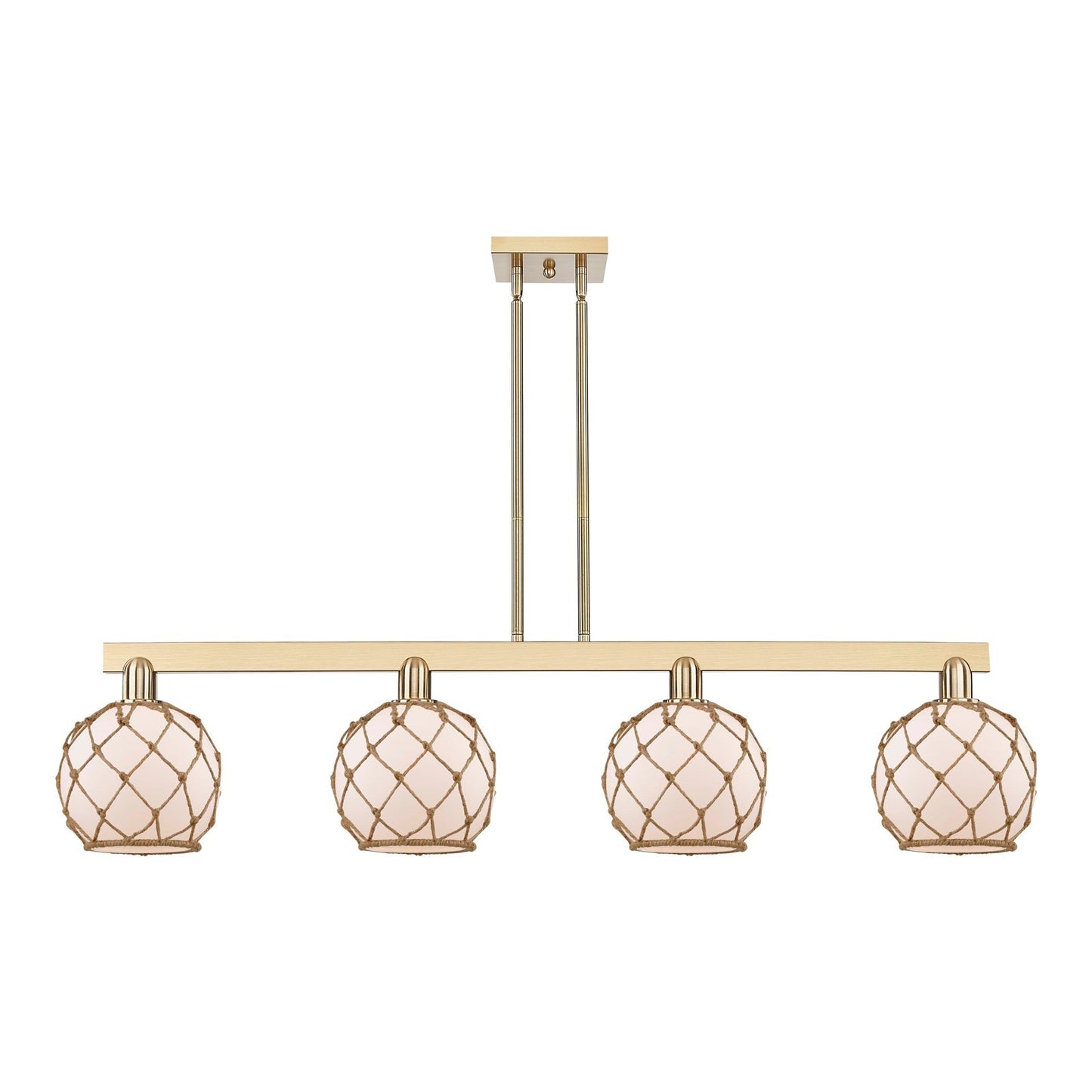 Innovations Farmhouse Rope 51in 4-Light Island Light | Industrial Champagne Bronze Steel and White Glass with Brown Rope | Model 716-4I-CB-G121-8RB
