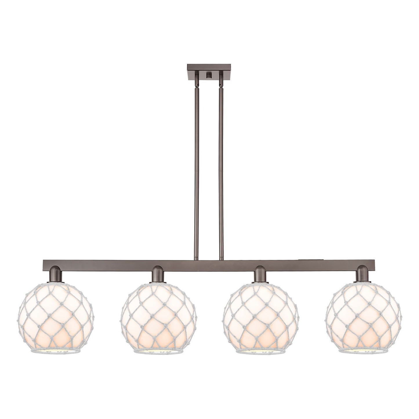 Innovations Farmhouse Rope 53in 4-Light Island Light | Industrial Oil Rubbed Bronze Steel and White Glass with Rope | Kitchen | Model 716-4I-OB-G121-10RW
