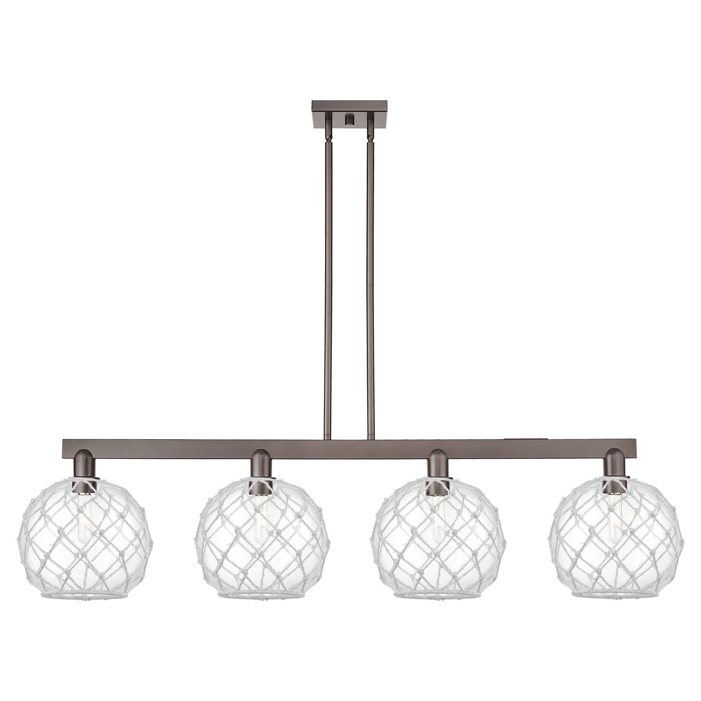 Innovations Farmhouse Rope 53in 4-Light Island Light | Industrial Oil Rubbed Bronze Steel and Clear Glass with White Rope | Model 716-4I-OB-G122-10RW