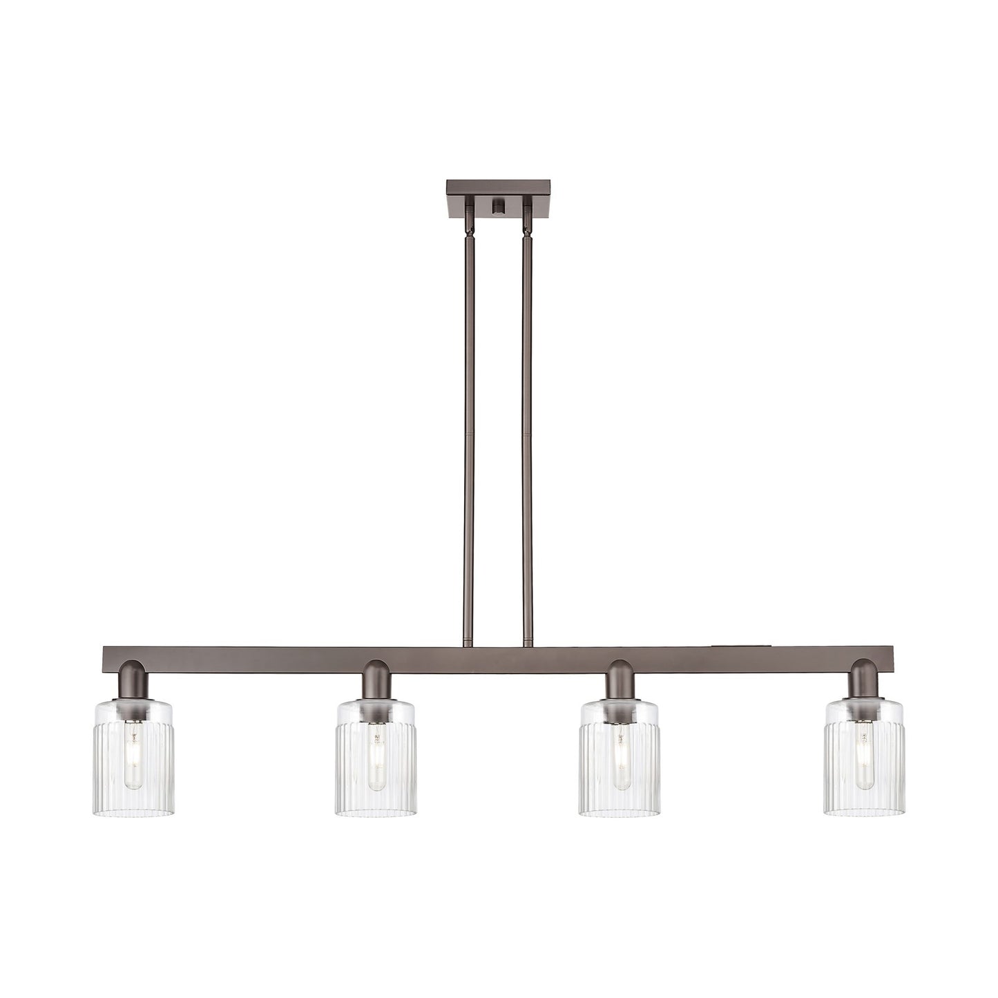 Innovations Hadley 47in 4-Light Island Light | Industrial Oil Rubbed Bronze Steel and Clear Ribbed Glass | Kitchen Island & Dining | Model 716-4I-OB-G342