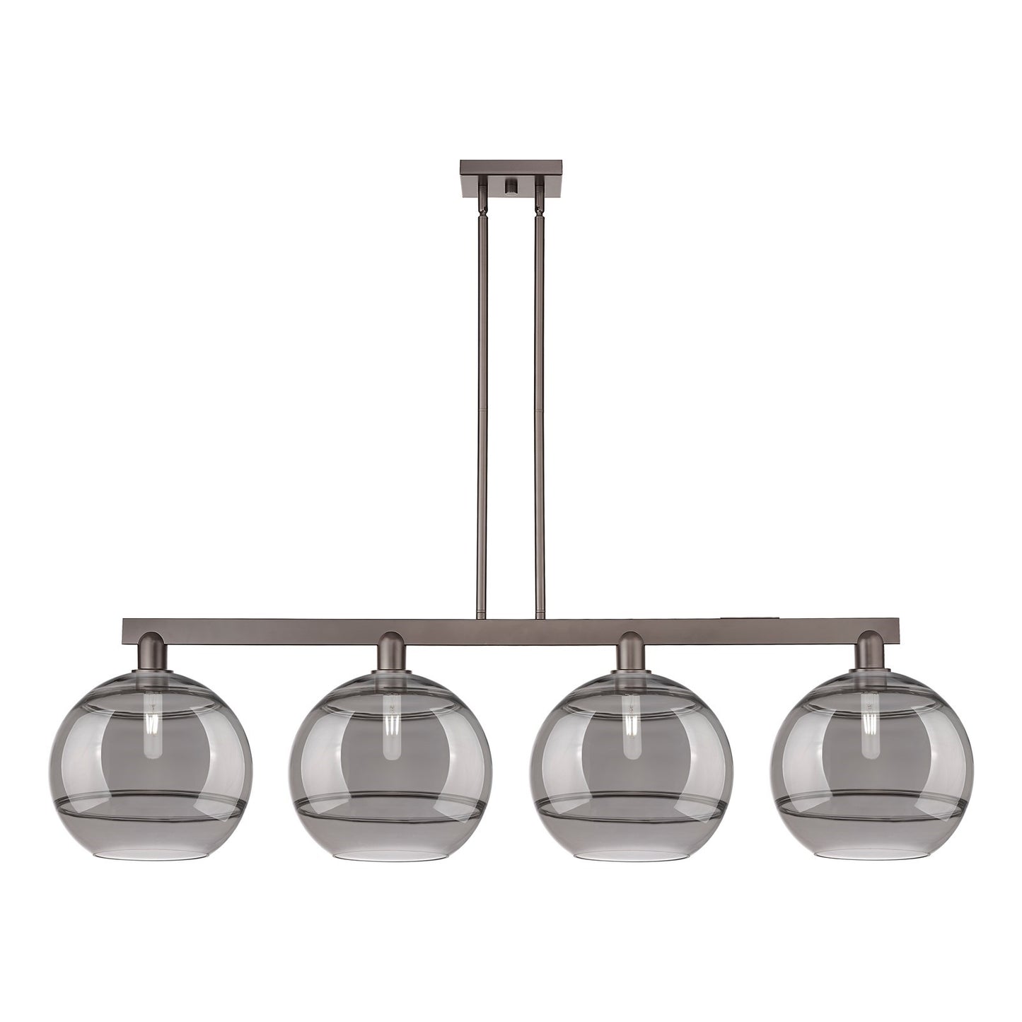 Innovations Rochester 55in 4-Light Island Light | Industrial Oil Rubbed Bronze Steel and Light Smoke Glass | Kitchen Island & | Model 716-4I-OB-G556-12SM