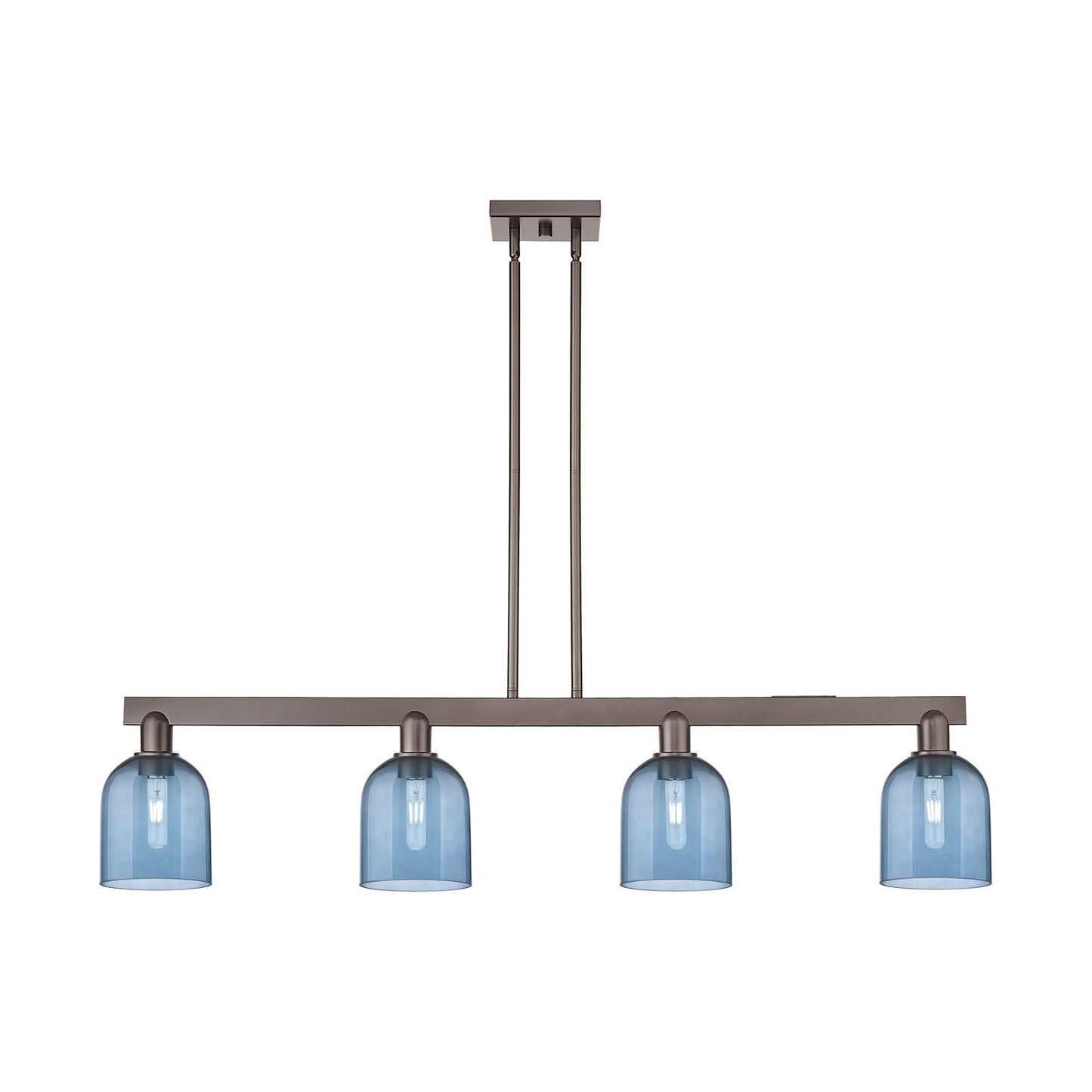 Innovations Bella 48in 4-Light Island Light | Industrial Oil Rubbed Bronze Steel and Blue Glass | Kitchen Island & Dining Room | Model 716-4I-OB-G558-6BL