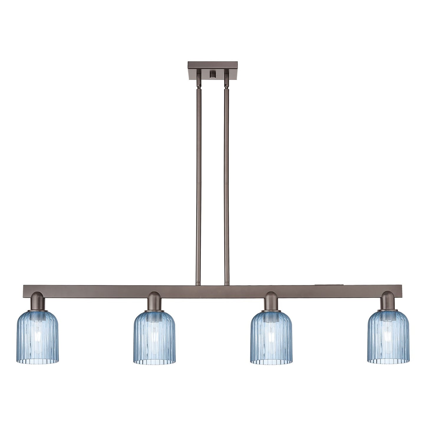 Innovations Bridal Veil 48in 4-Light Island Light | Industrial Oil Rubbed Bronze Steel and Princess Blue Glass | Kitchen Island | Model 716-4I-OB-G559-5BL
