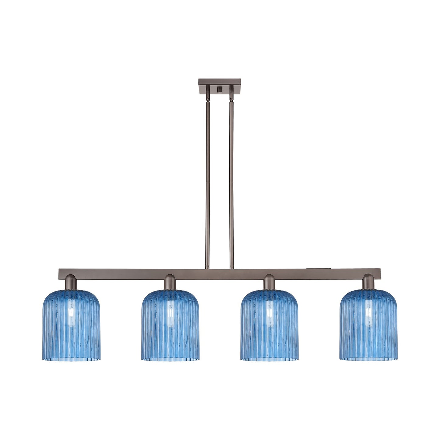 Innovations Bridal Veil 51in 4-Light Island Light | Industrial Oil Rubbed Bronze Steel and Princess Blue Glass | Kitchen Island | Model 716-4I-OB-G559-8BL