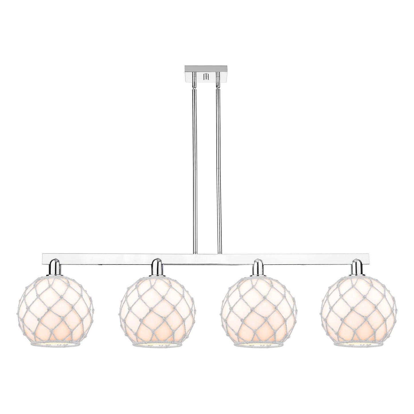 Innovations Farmhouse Rope 53in 4-Light Island Light | Industrial Polished Chrome and White Glass with Rope | Kitchen Island & | Model 716-4I-PC-G121-10RW