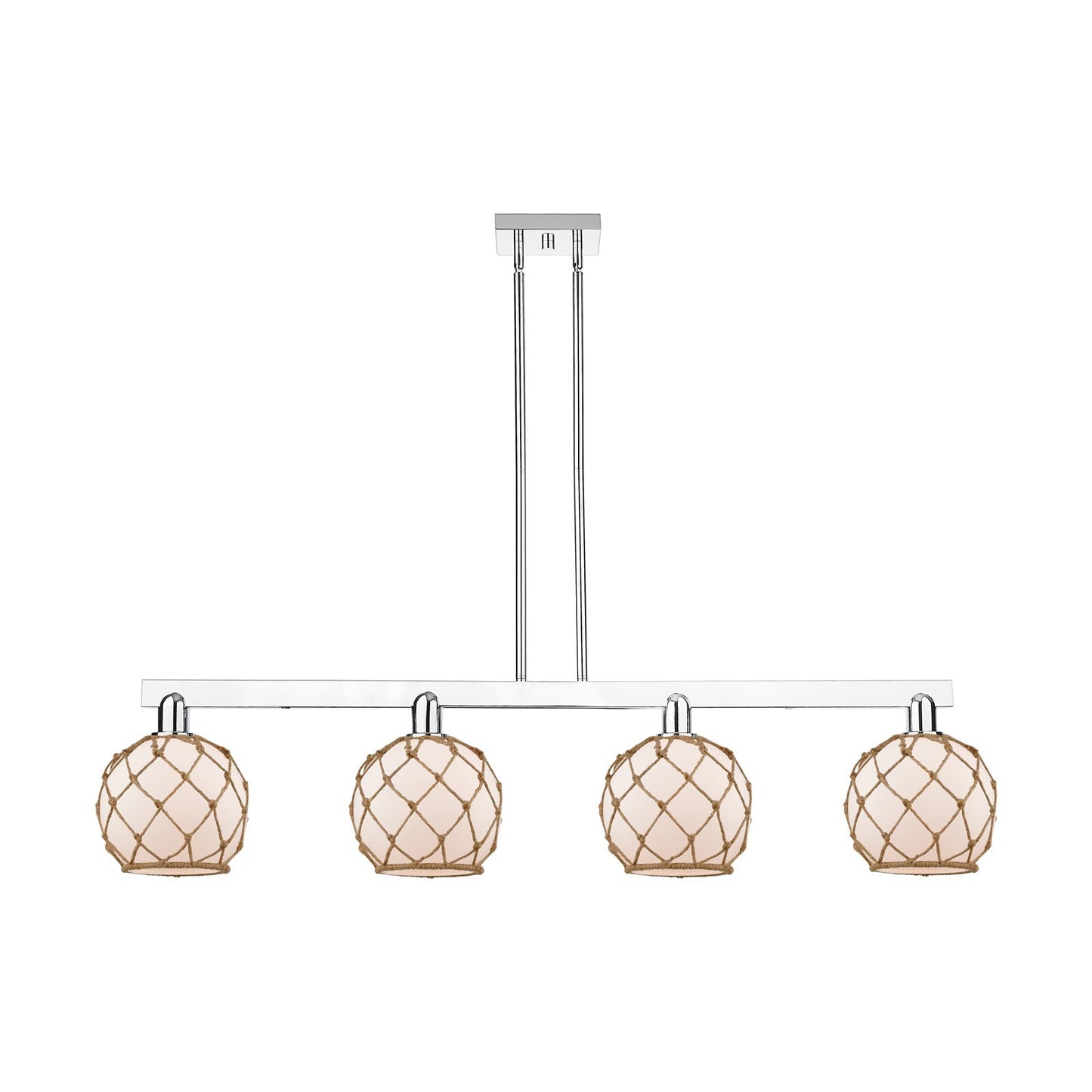 Innovations Farmhouse Rope 51in 4-Light Island Light | Industrial Polished Chrome and White Frosted Glass with Brown Rope | Model 716-4I-PC-G121-8RB
