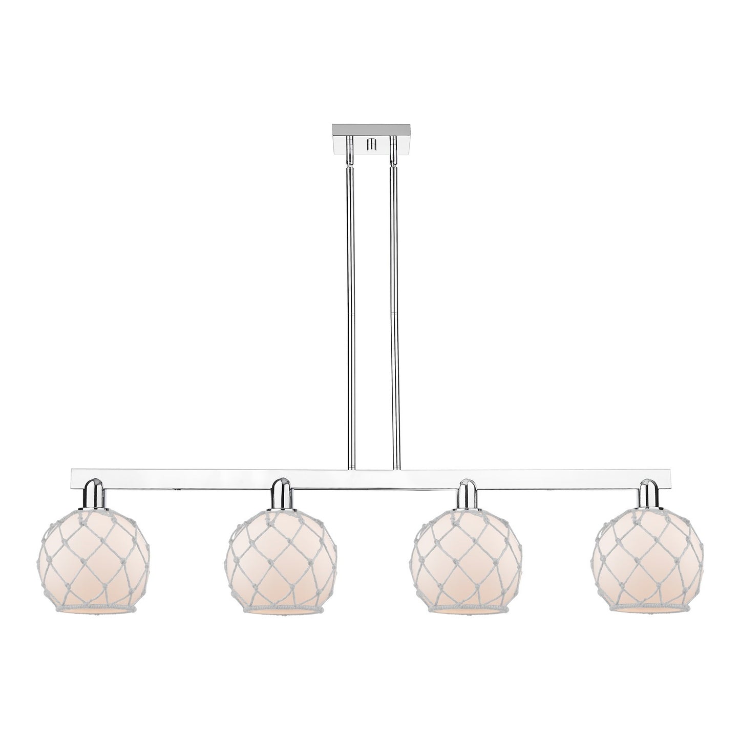 Innovations Farmhouse Rope 51in 4-Light Island Light | Industrial Polished Chrome Steel and White Frosted Glass with Rope | Model 716-4I-PC-G121-8RW