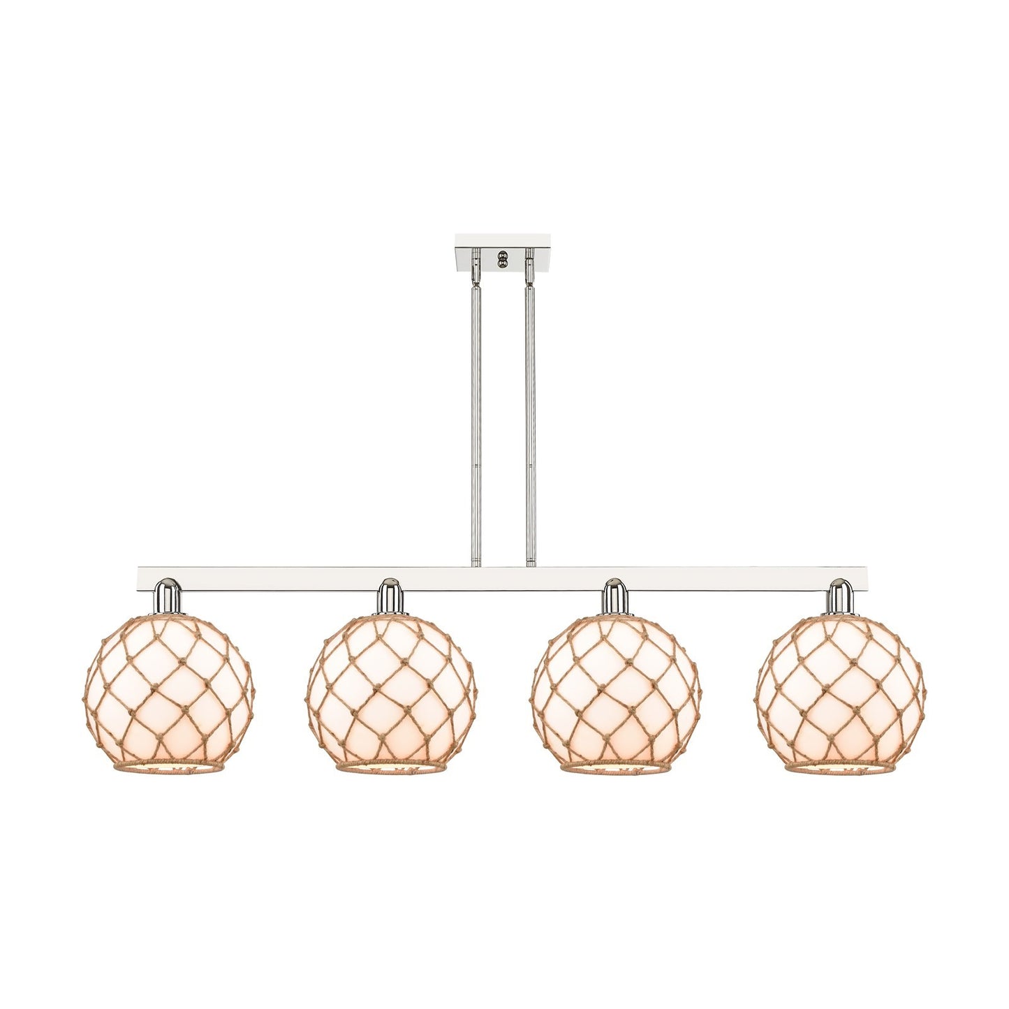 Innovations Farmhouse Rope 53in 4-Light Island Light | Industrial Polished Nickel Steel and Matte White Glass with Brown Rope | Model 716-4I-PN-G121-10RB