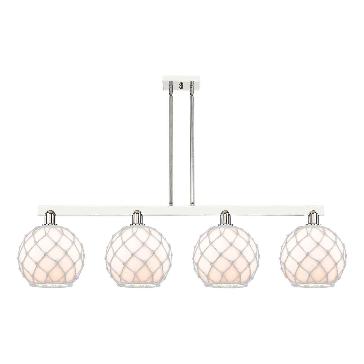 Innovations Farmhouse Rope 53in 4-Light Island Light | Industrial Polished Nickel Steel and White Glass with Rope | Kitchen | Model 716-4I-PN-G121-10RW