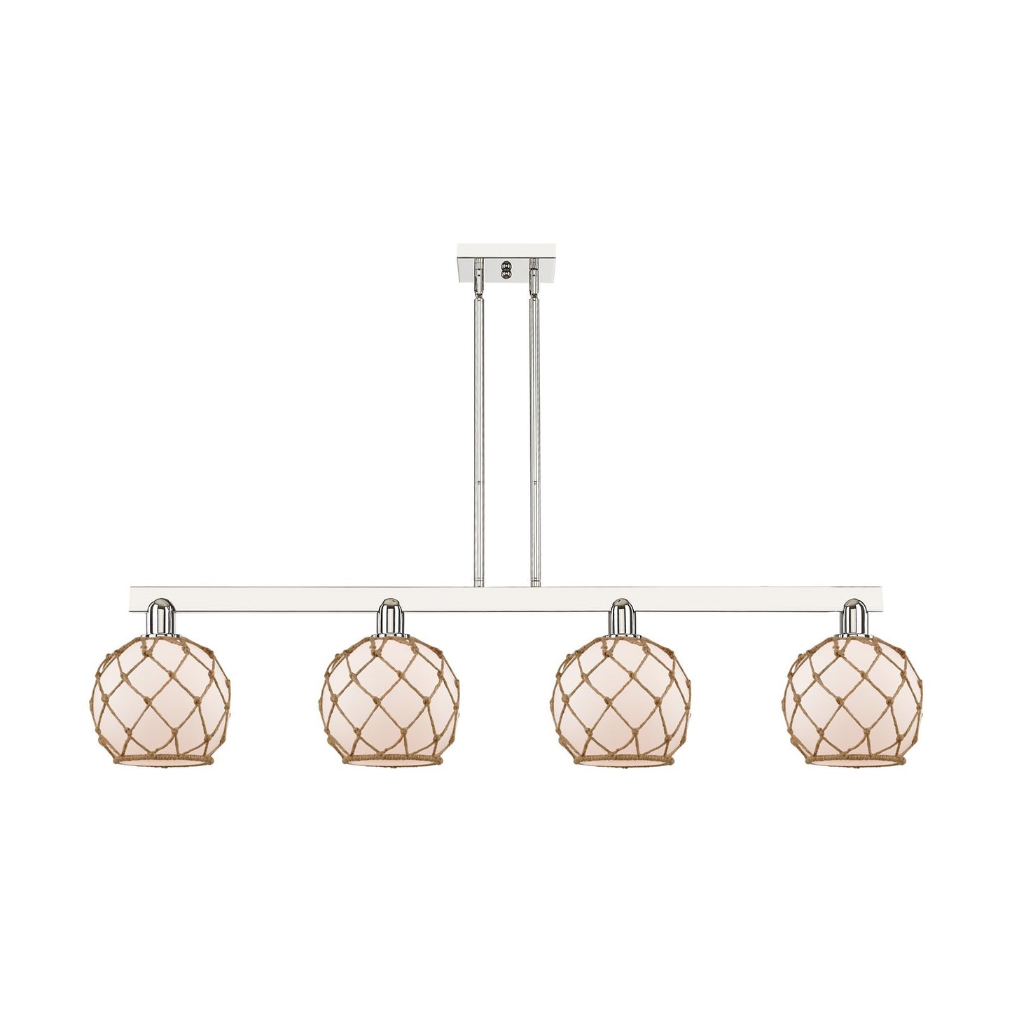 Innovations Farmhouse Rope 51in 4-Light Island Light | Industrial Polished Nickel Steel and White Frosted Glass with Brown Rope | Model 716-4I-PN-G121-8RB