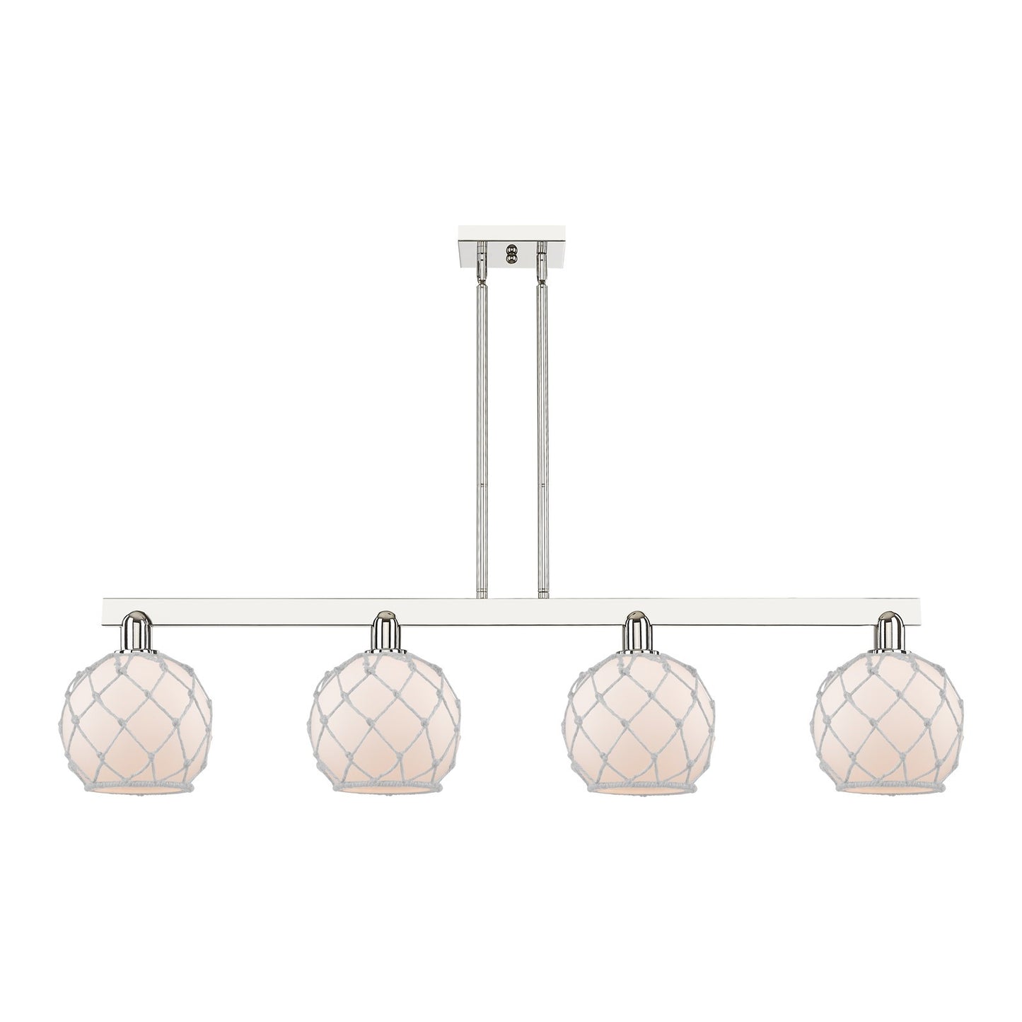 Innovations Farmhouse Rope 51in 4-Light Island Light | Industrial Polished Nickel and White Frosted Glass with Rope | Kitchen | Model 716-4I-PN-G121-8RW
