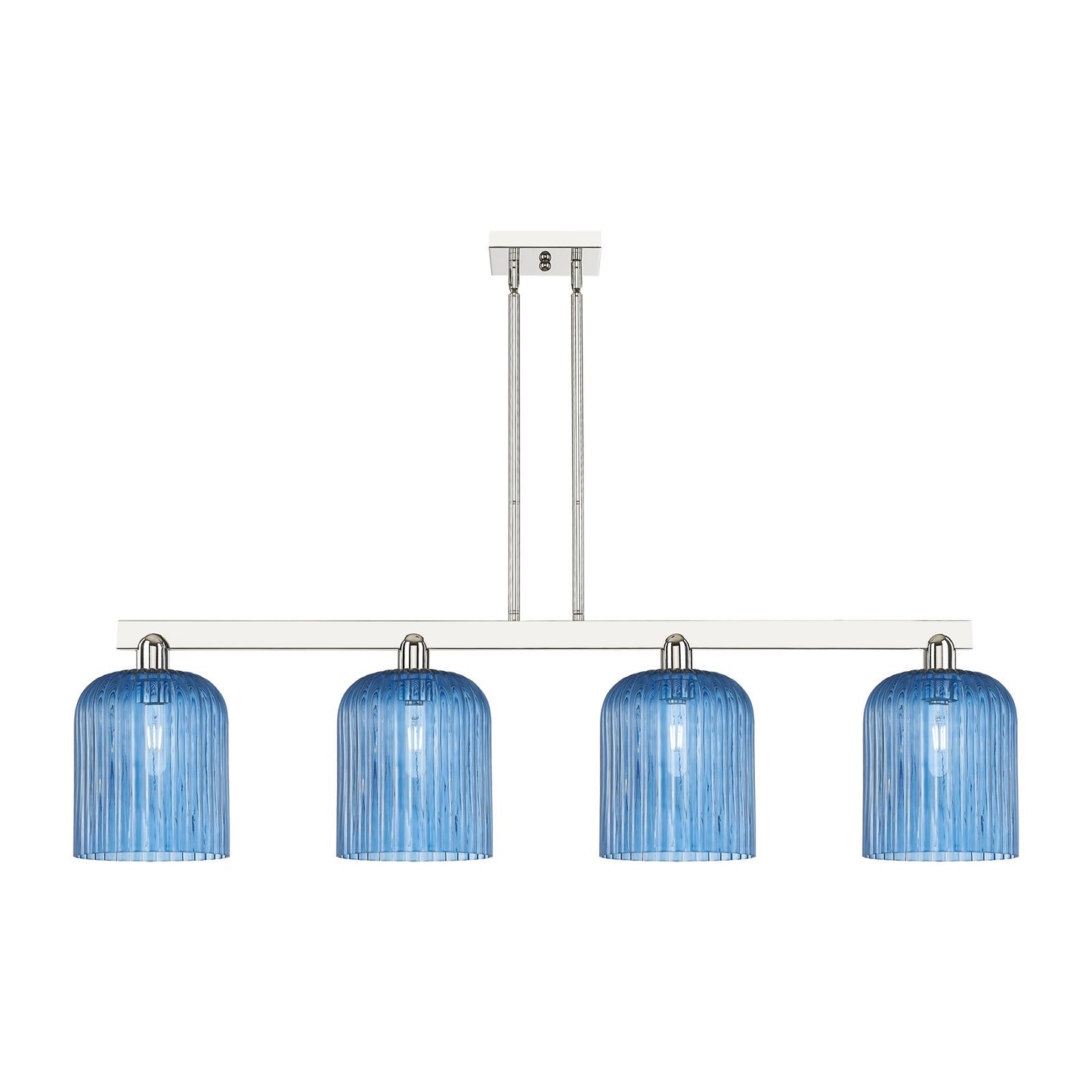 Innovations Bridal Veil 51in 4-Light Island Light | Industrial Polished Nickel and Princess Blue Ribbed Glass | Kitchen Island | Model 716-4I-PN-G559-8BL
