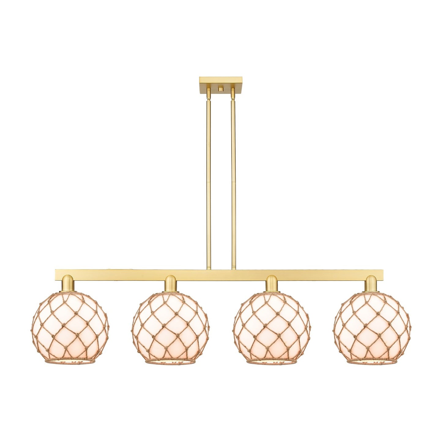Innovations Farmhouse Rope 53in 4-Light Island Light | Industrial Satin Gold Steel and Matte White Glass with Rope | Kitchen | Model 716-4I-SG-G121-10RB