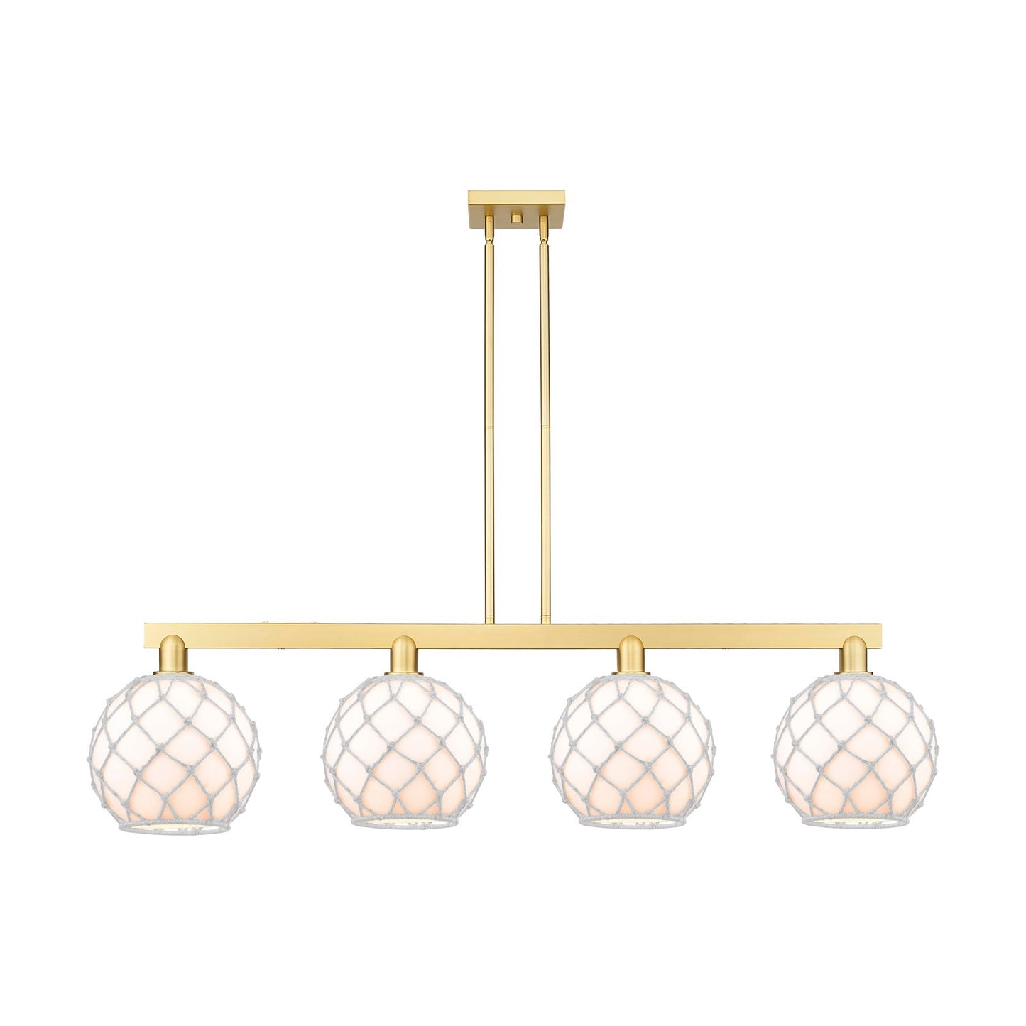 Innovations Farmhouse Rope 53in 4-Light Island Light | Industrial Satin Gold Steel and White Glass with Rope | Kitchen Island | Model 716-4I-SG-G121-10RW