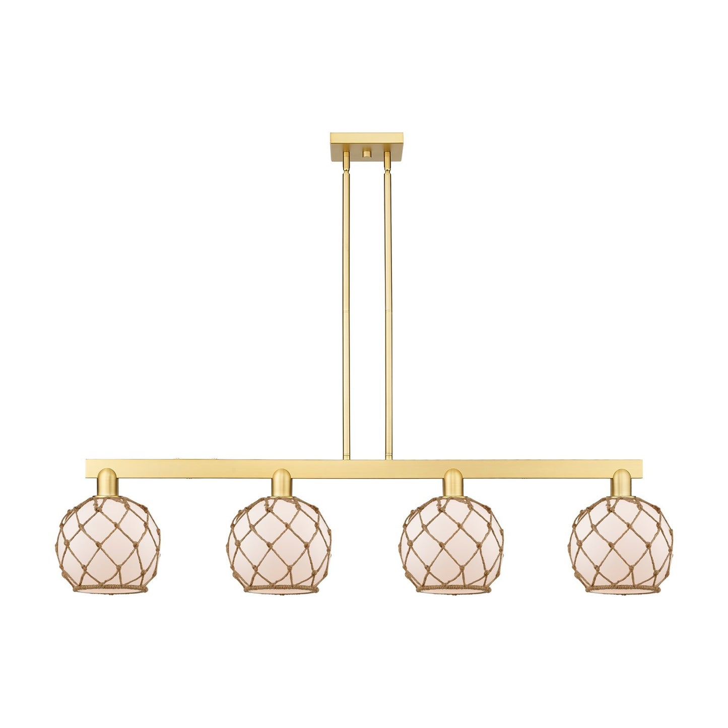 Innovations Farmhouse Rope 51in 4-Light Island Light | Industrial Satin Gold Steel and White Frosted Glass with Brown Rope | Model 716-4I-SG-G121-8RB