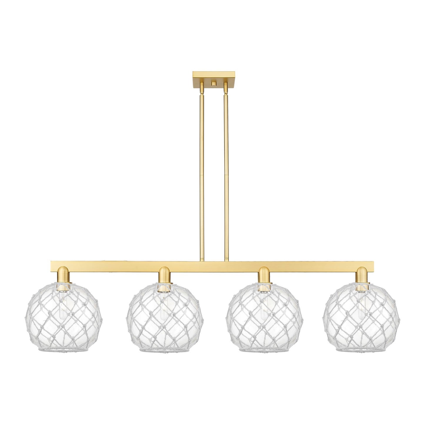 Innovations Farmhouse Rope 53in 4-Light Island Light | Industrial Satin Gold Steel and Clear Glass with White Rope | Kitchen | Model 716-4I-SG-G122-10RW