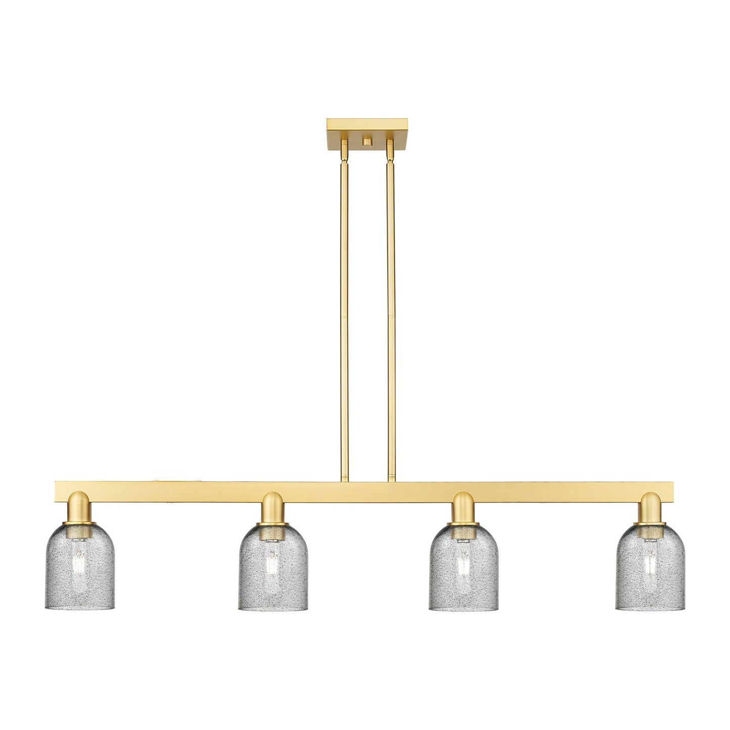 Innovations Lighting Caledonia 48in 4-Light Island Light | Industrial Satin Gold Steel and Charcoal Glass | Kitchen Island & Dining | Model 716-4I-SG-G257
