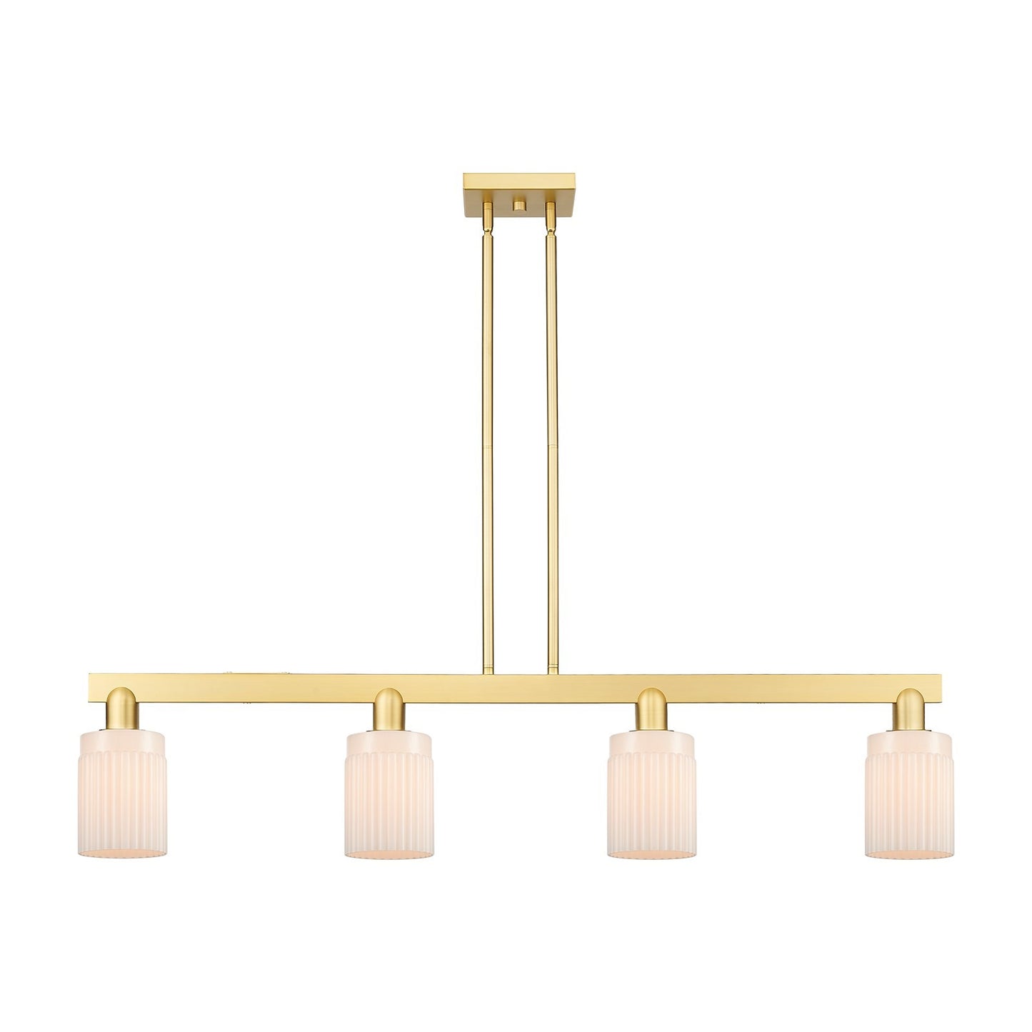 Innovations Hadley 47in 4-Light Island Light | Industrial Satin Gold Steel and Matte White Glass | Kitchen Island & Dining Room | Model 716-4I-SG-G341