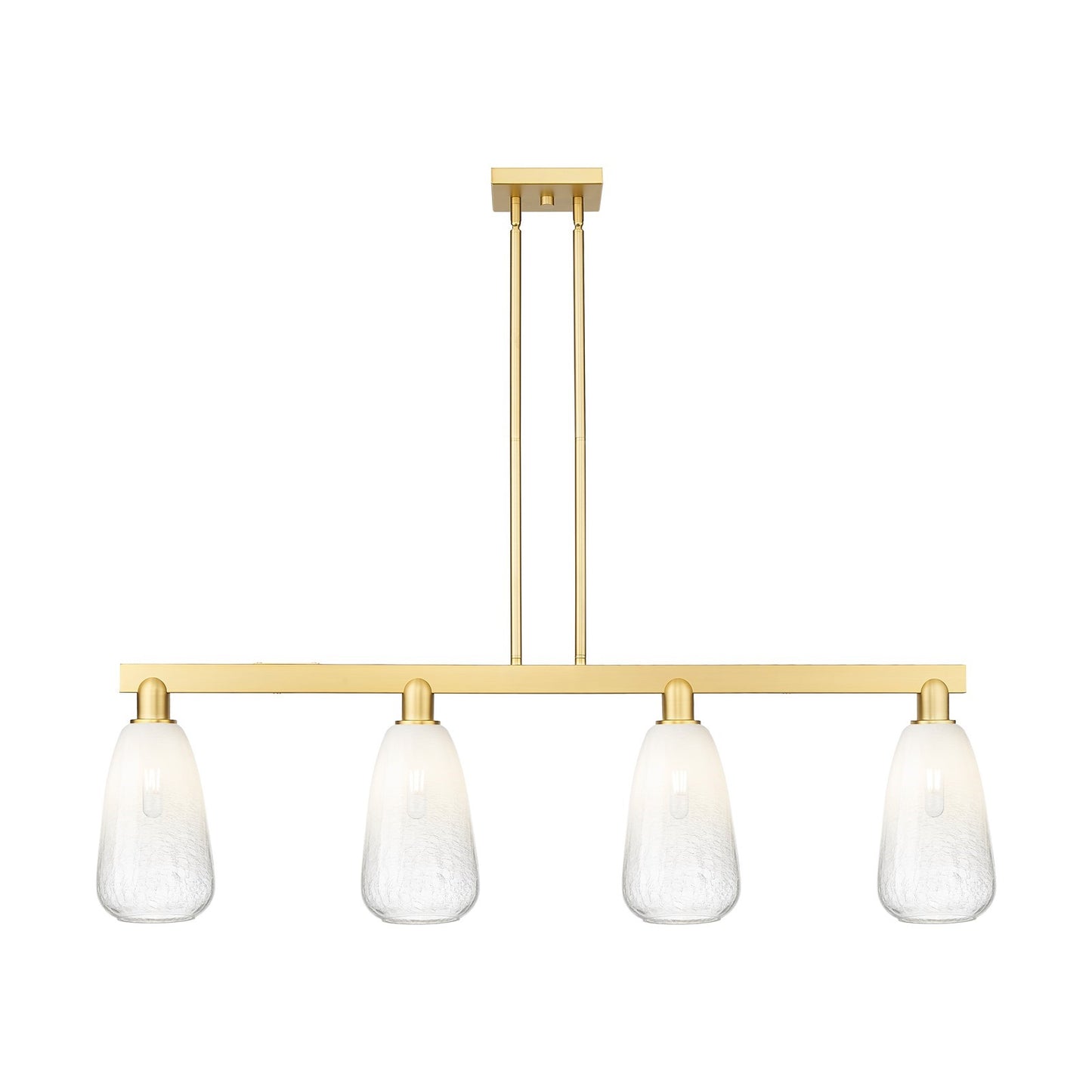 Innovations Brookhaven Almond 49in 4-Light Island Light | Industrial Satin Gold Steel and Opal Glass | Kitchen Island & Dining | Model 716-4I-SG-G480-6OP